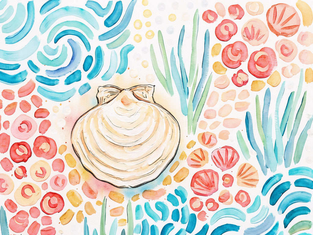 Horizontal coastal shell watercolor wall art printable, soft ocean tones beach decor download