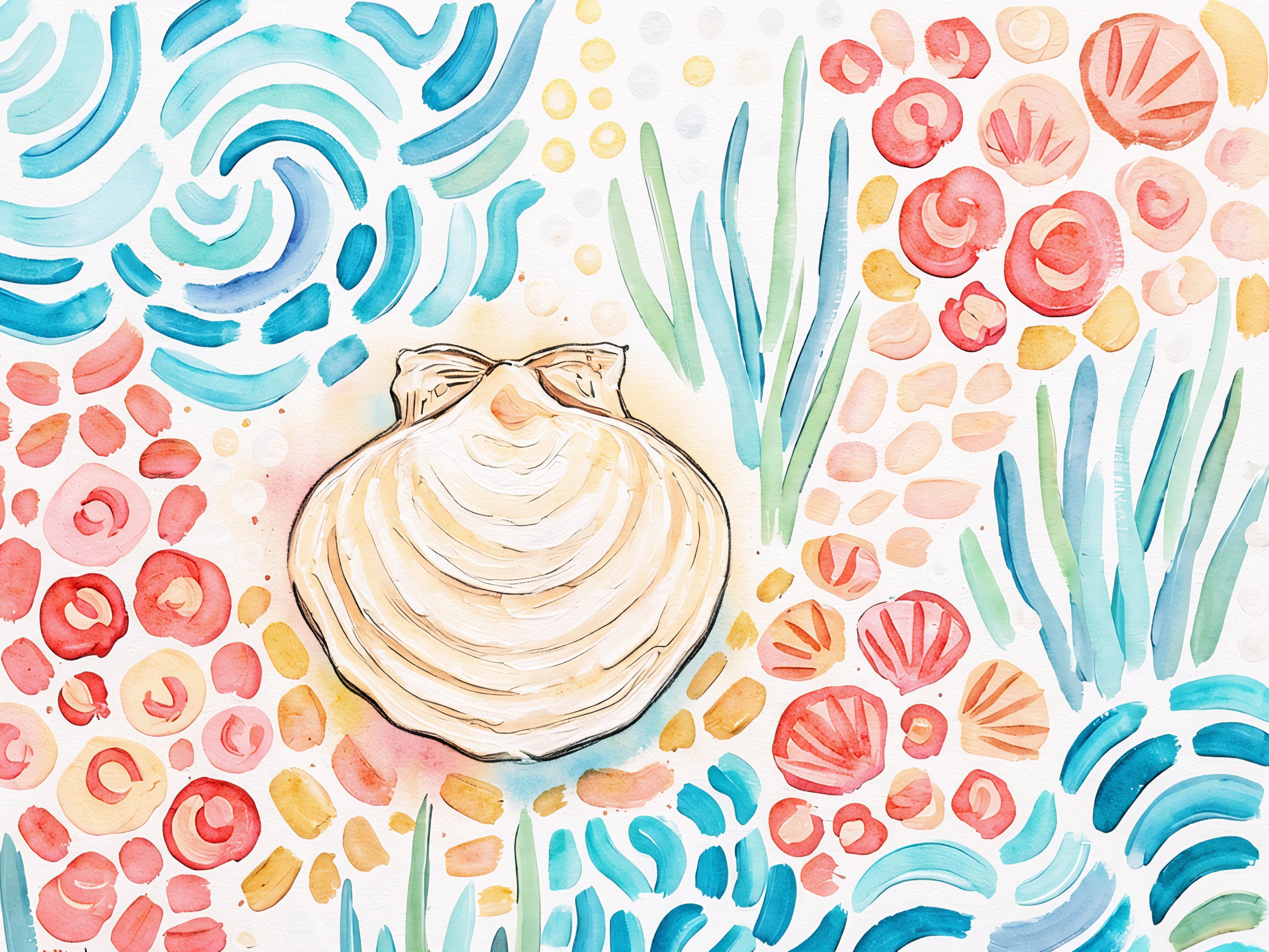 Horizontal coastal shell watercolor wall art printable, soft ocean tones beach decor download
