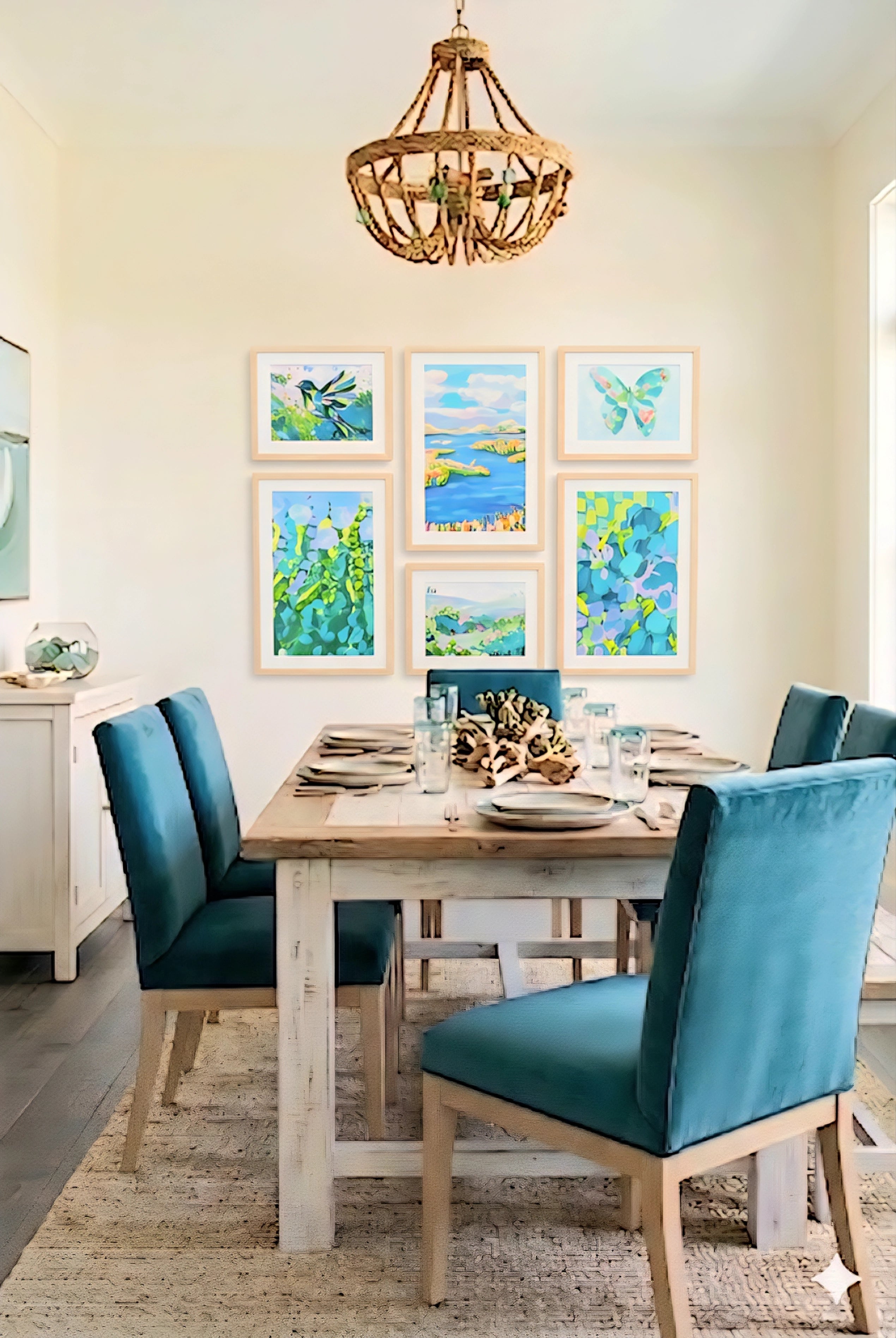 coastal gallery wall printable set styled above dining table with light wood frames, blue green beach artwork for modern coastal dining room decor