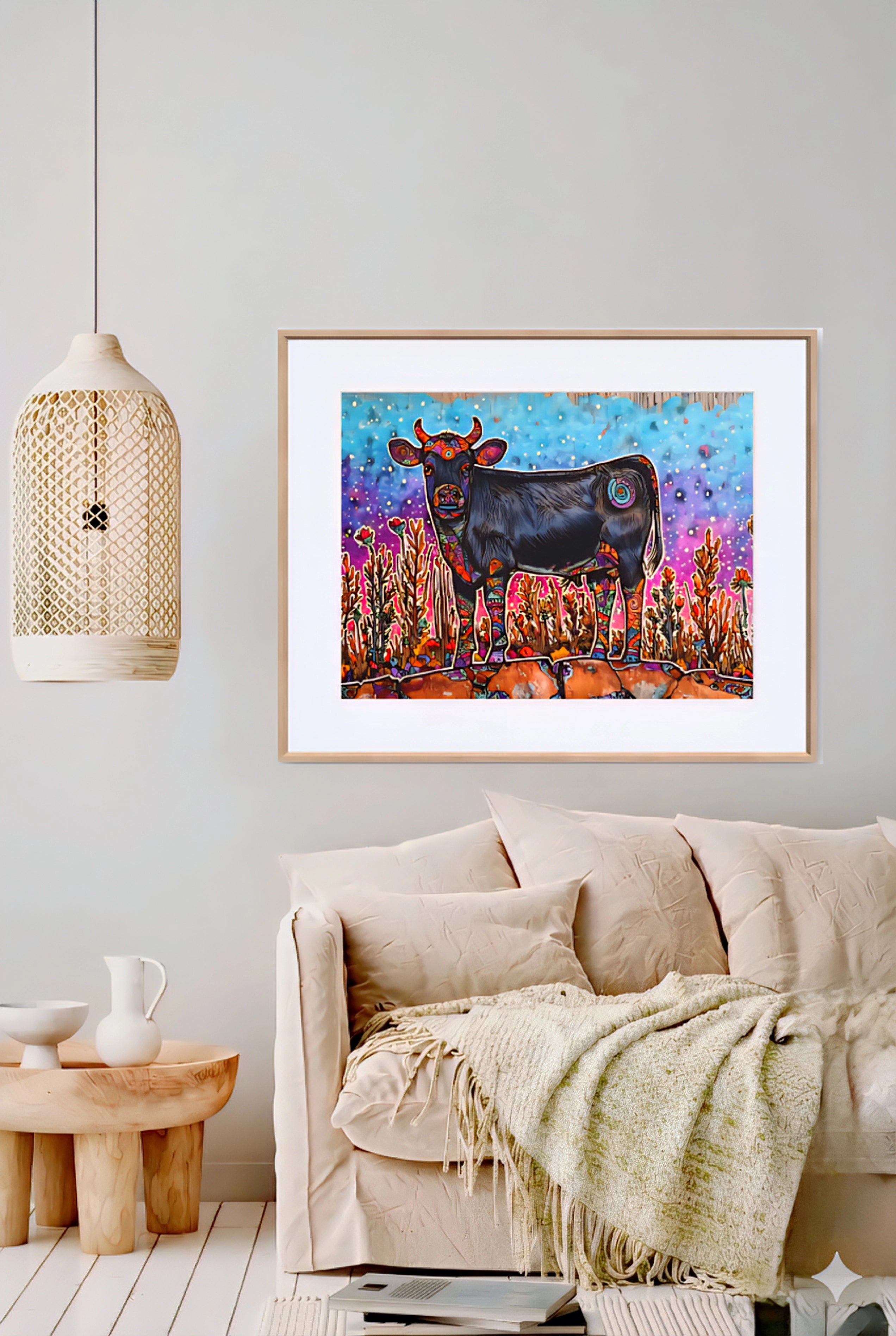 Colorful cow digital wall art framed above sofa bold maximalist animal print vibrant modern living room decor statement artwork