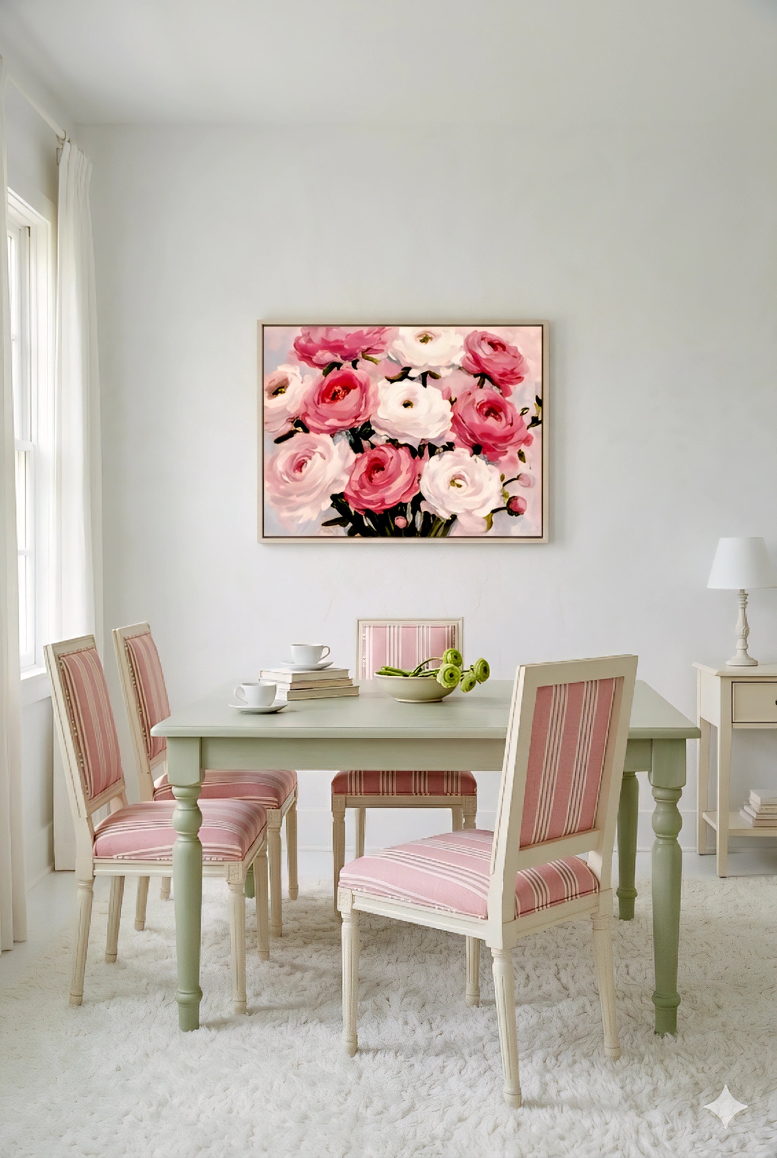 Vertical pink peony floral wall art in sage green frame above dining table, feminine cottage decorinspo with soft blush and white tones