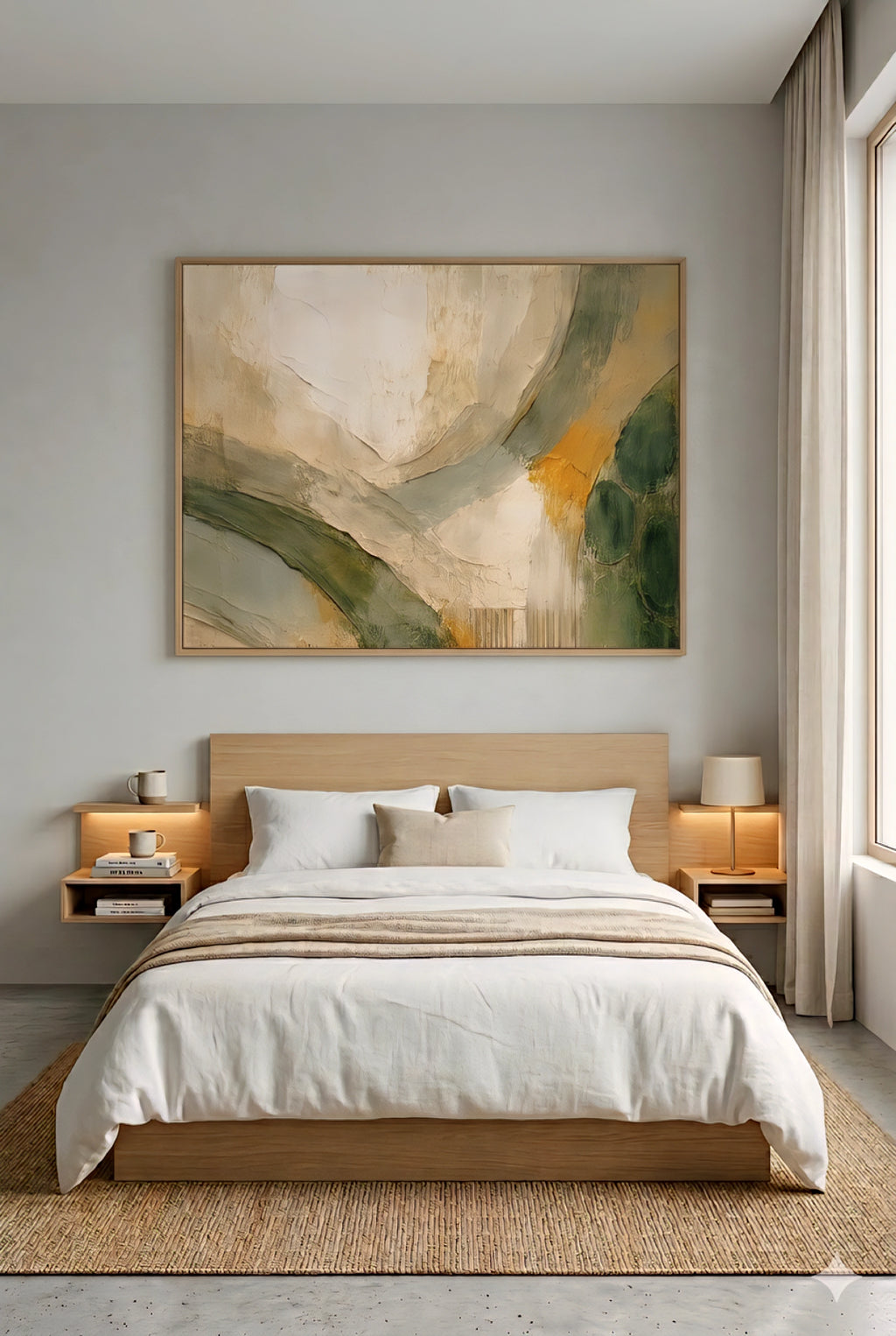Large earth tone abstract wall art in horizontal frame above bed, neutral bedroom with wood furniture, soft linens, and warm minimal decorinspo