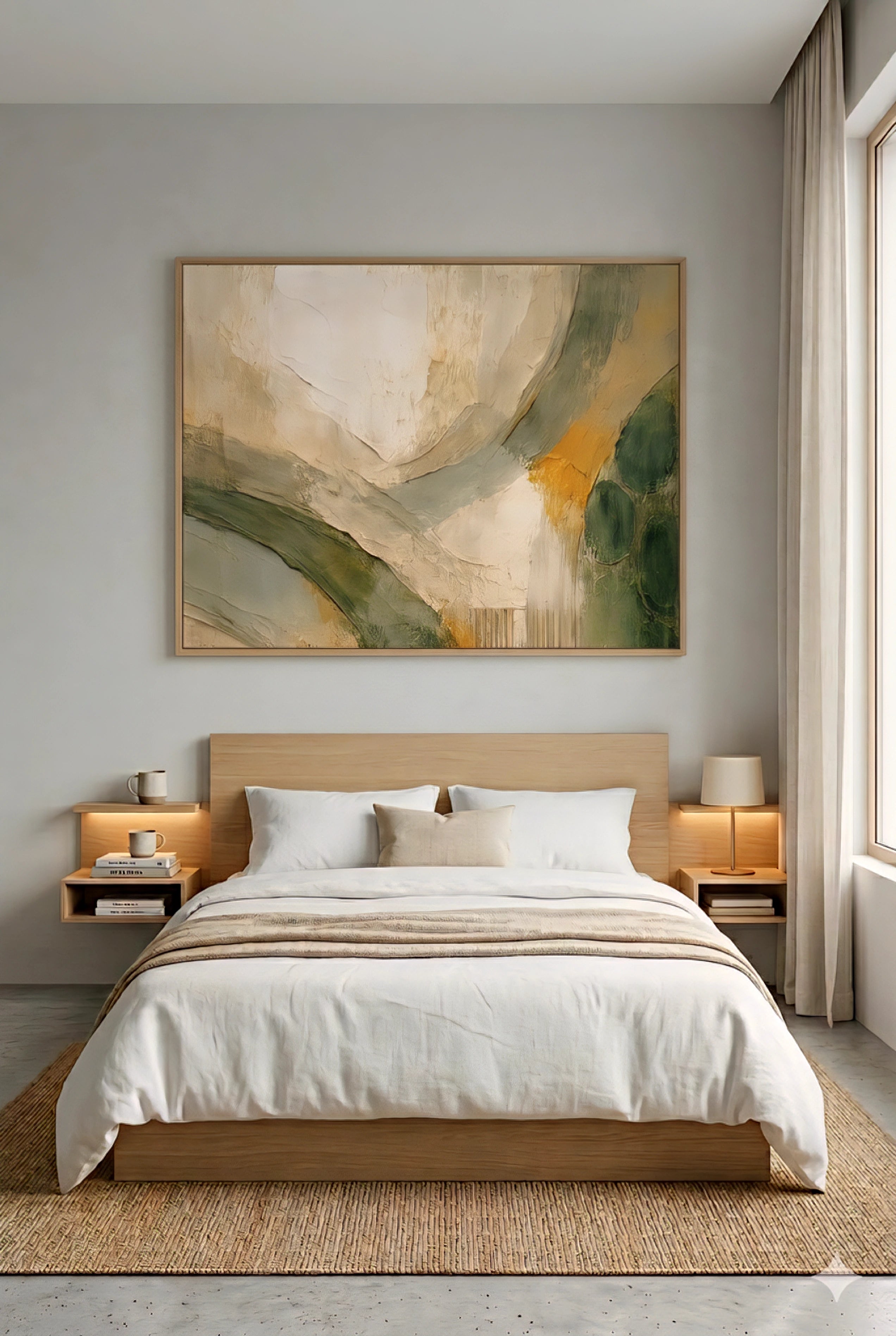 Large earth tone abstract wall art in horizontal frame above bed, neutral bedroom with wood furniture, soft linens, and warm minimal decorinspo