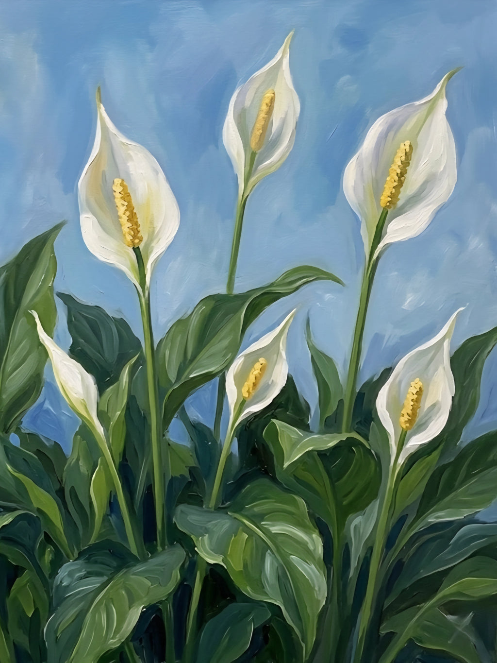 Vertical peace lily wall art with white blooms and lush green leaves on a soft blue background, elegant botanical printable decor digital download