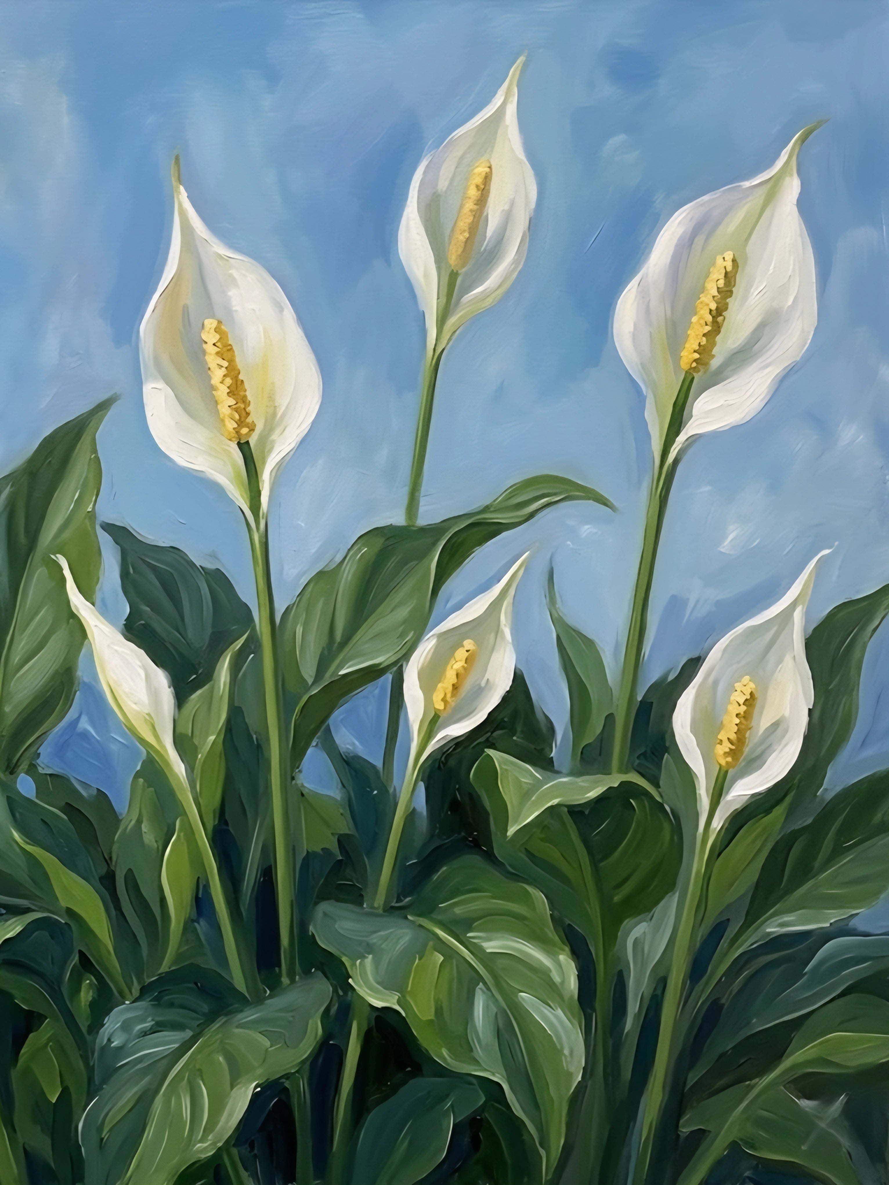Vertical peace lily wall art with white blooms and lush green leaves on a soft blue background, elegant botanical printable decor digital download