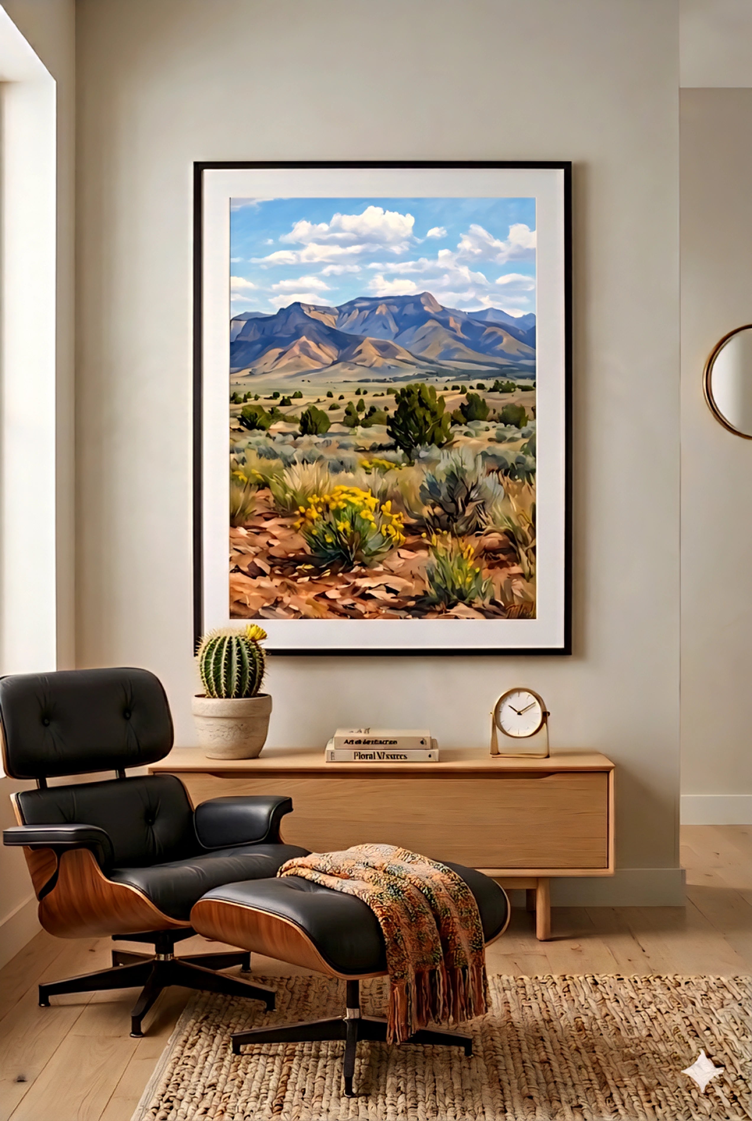 Desert mountain landscape wall art in modern living room, southwest printable artwork with blue sky, wildflowers, and neutral decorinspo