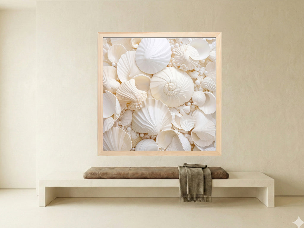 Framed artwork of seashells on a beige wall above a bench.