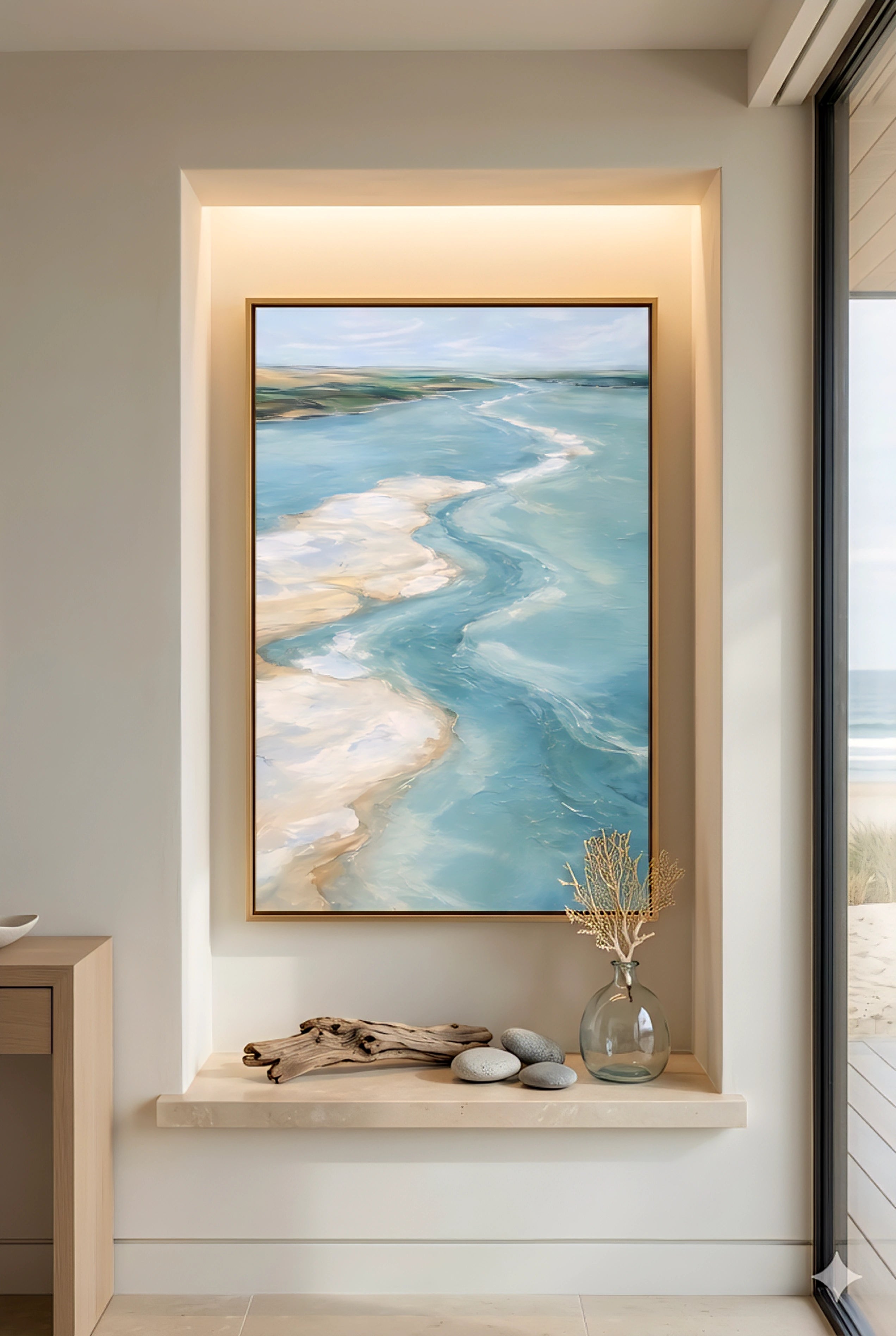 Coastal ocean artwork in recessed wall niche with shelf decor, driftwood and glass vase in modern beach home