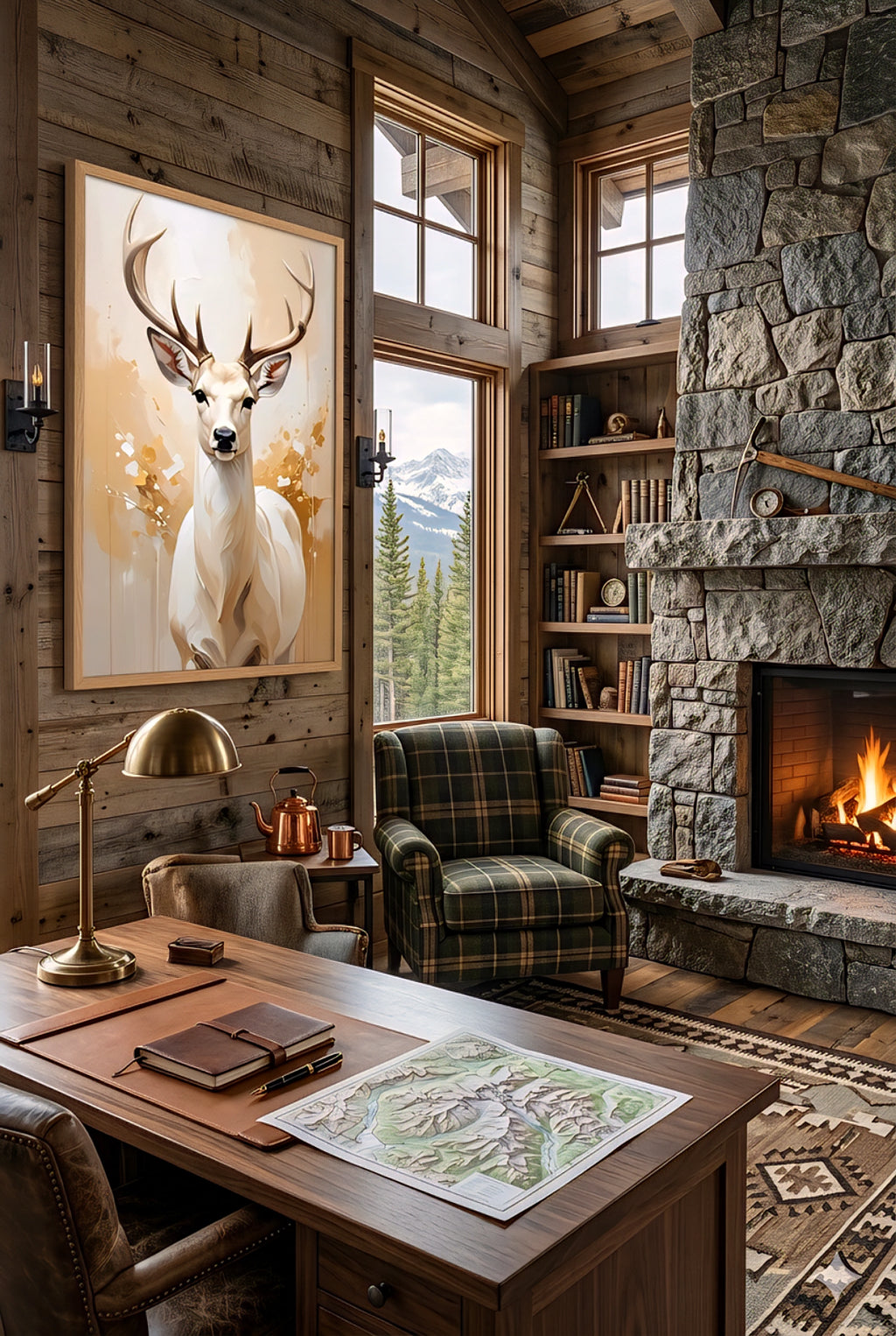 Modern deer wall art in cabin living room, wildlife artwork above desk, stone fireplace, wood interior, mountain view, cozy lodge decor styling