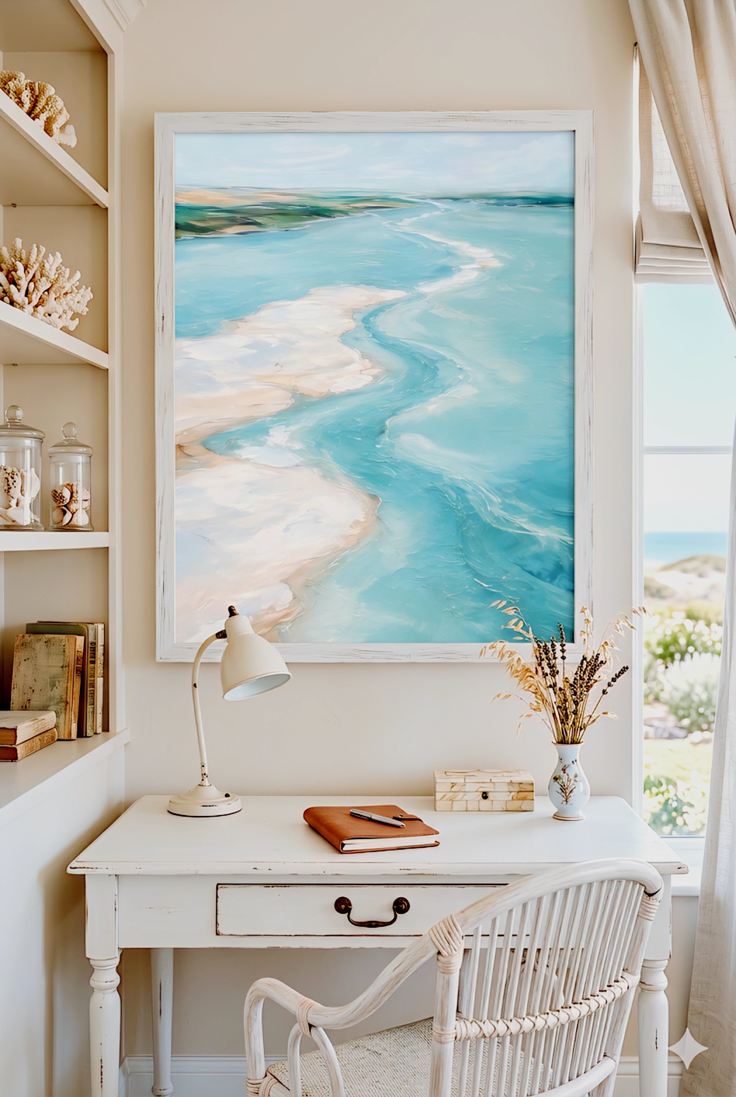 Large coastal beach artwork above white desk with lamp, books and window view in neutral home office