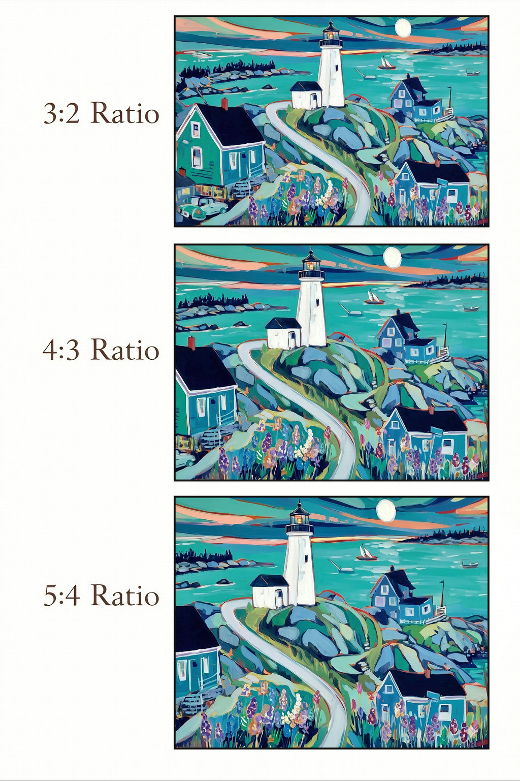 Three different aspect ratio comparisons of a lighthouse scene with houses and people.