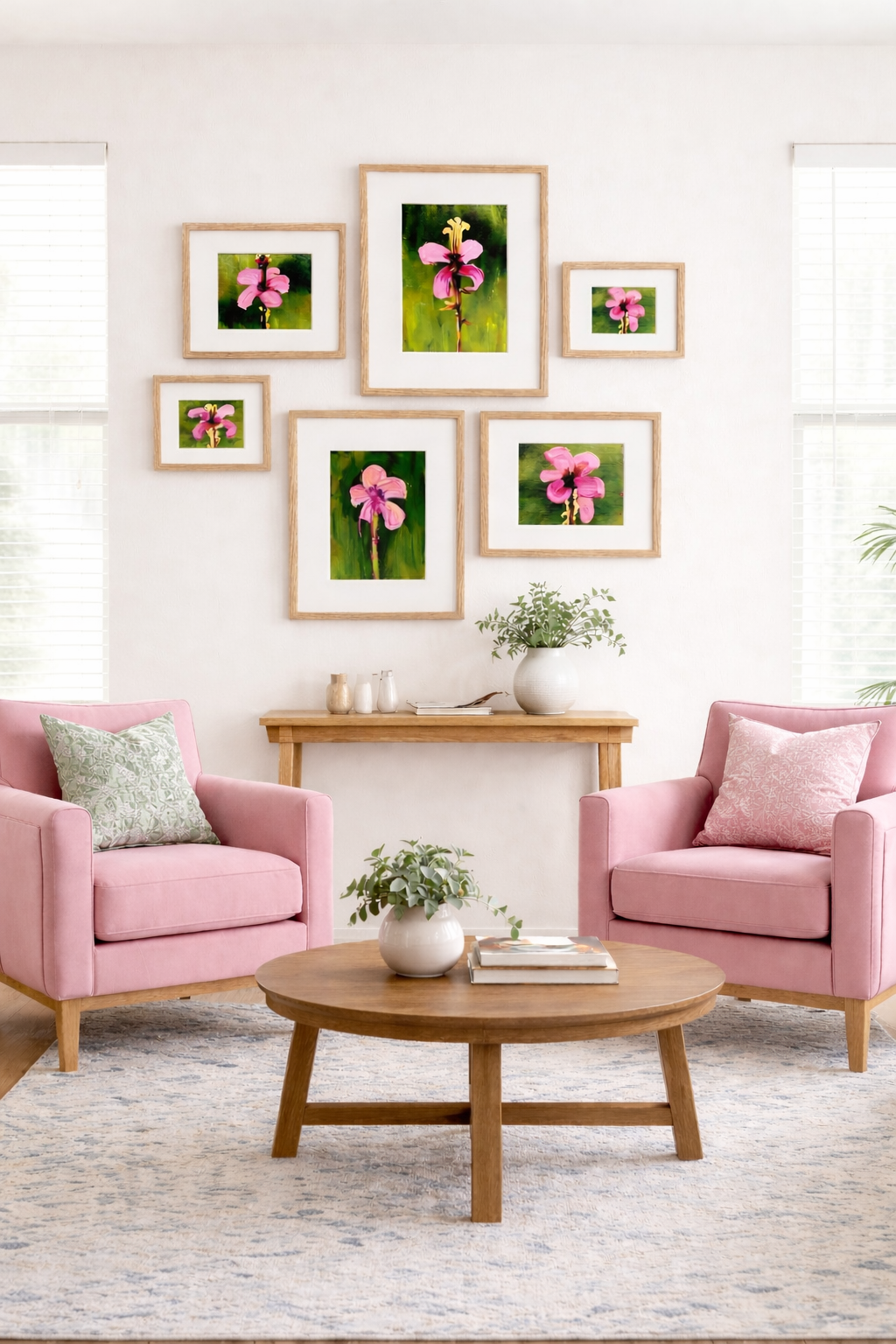 Pink floral printable gallery wall in light airy living room with blush chairs, modern wood console table and light oak frames, DIY wall art download, affordable designer decorinspo