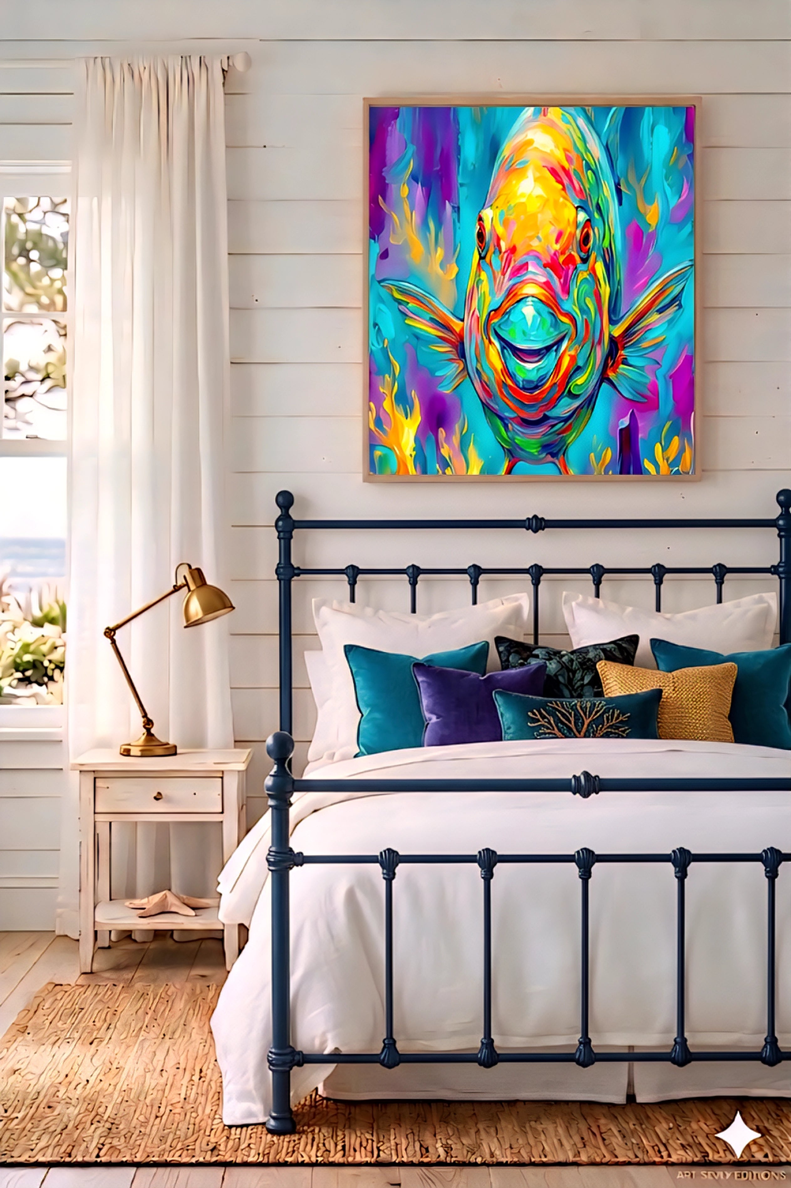 Colorful parrotfish wall art in bold neon tones displayed above a bed in a bright coastal bedroom, vibrant tropical fish artwork adding a striking focal point to white shiplap walls with layered pillows and warm natural textures.