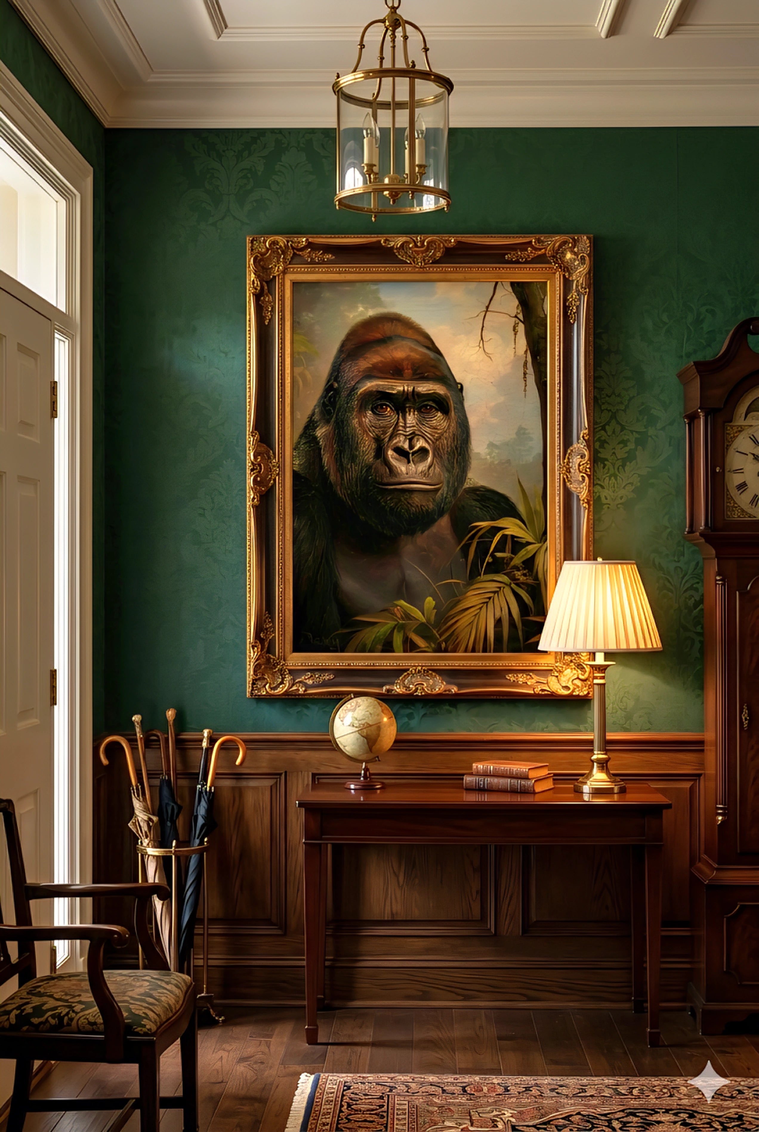 Large gorilla portrait digital wall art in ornate gold frame styled in classic green study with wood furniture, lamp lighting and traditional decor