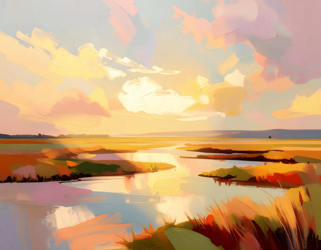 Savvy Places low country marsh painting with soft pastel sunset sky, winding tidal creek, and warm coastal landscape in horizontal format