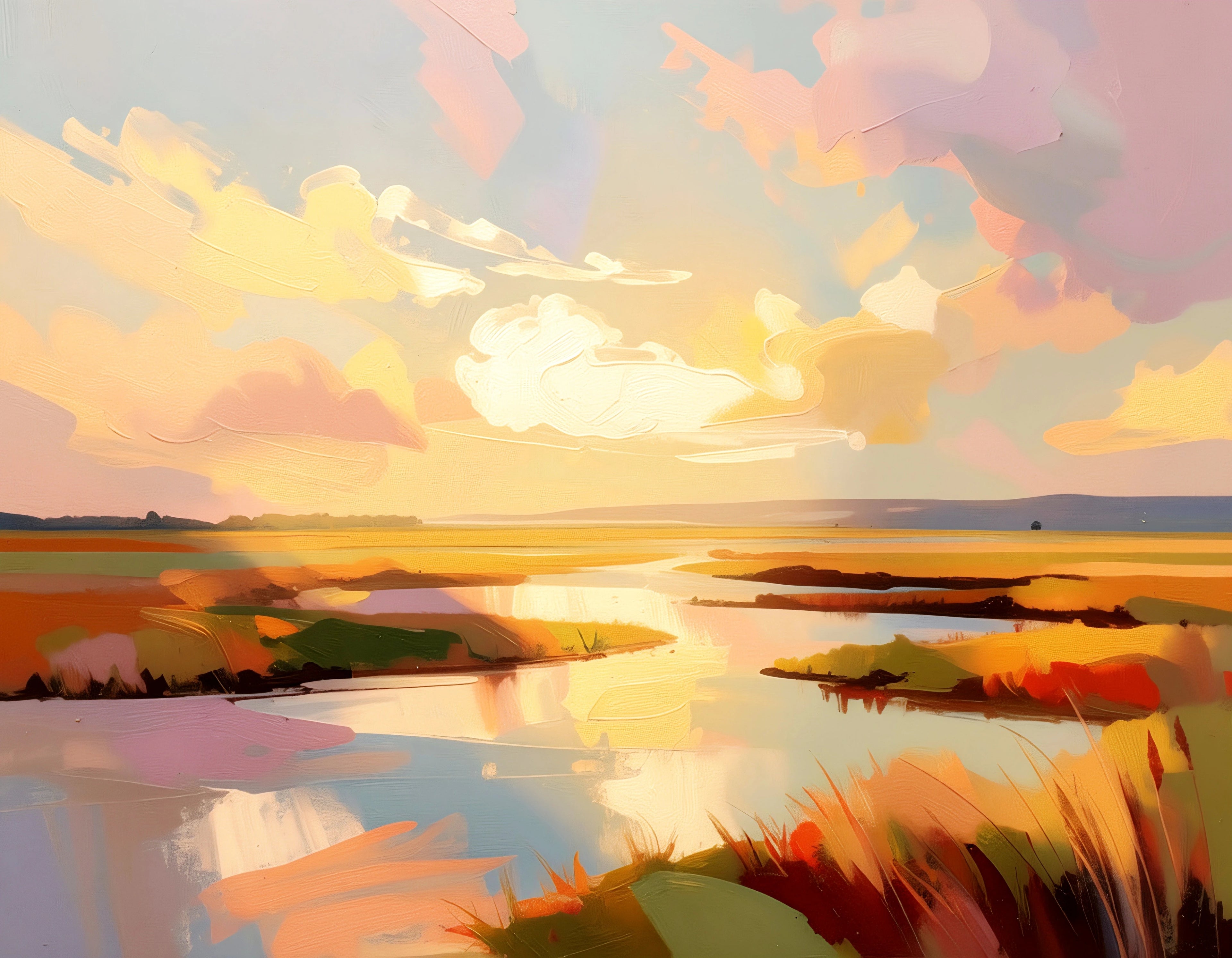 Savvy Places low country marsh painting with soft pastel sunset sky, winding tidal creek, and warm coastal landscape in horizontal format