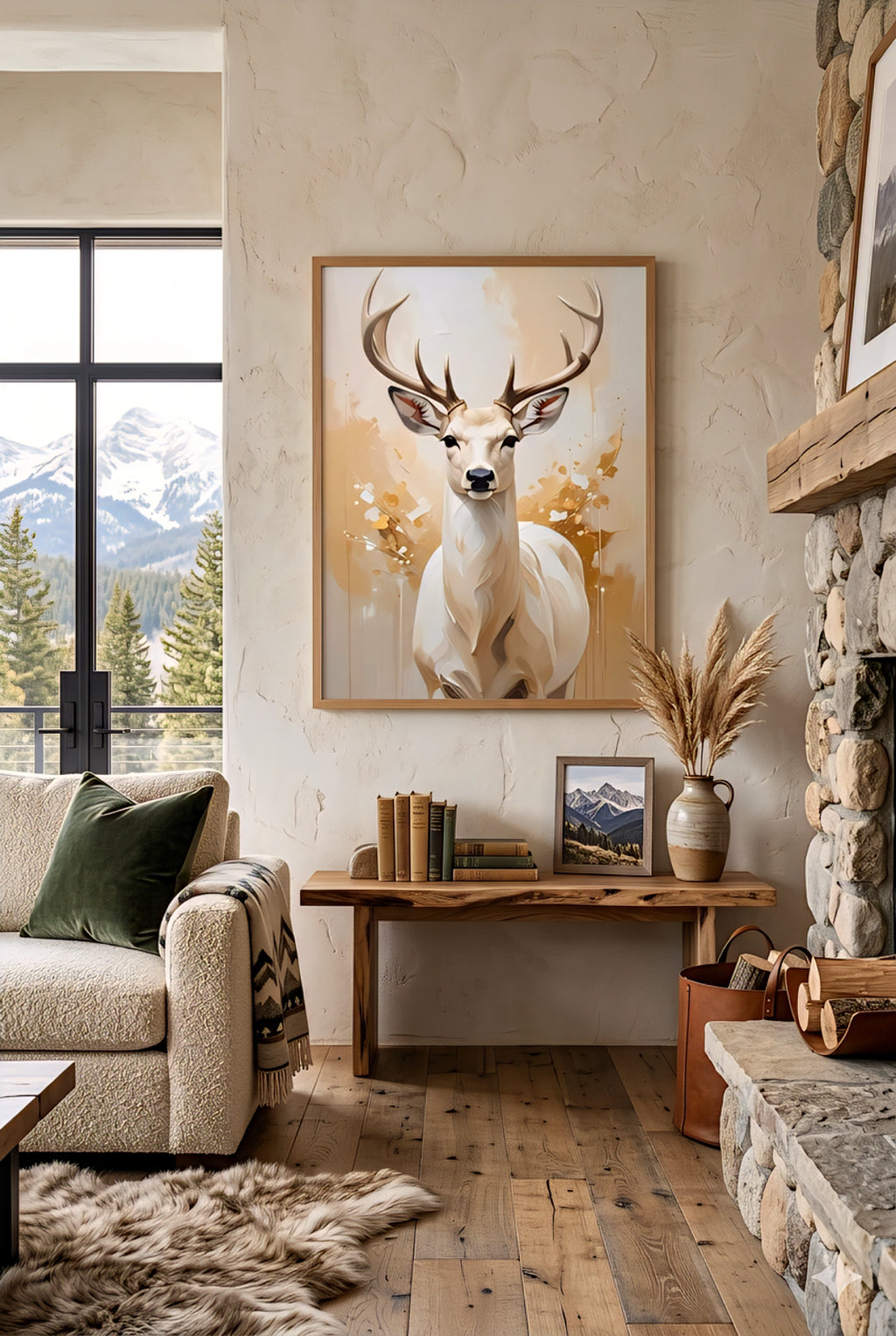 Modern  deer wall art above console table in cabin living room, wildlife artwork, mountain view, stone fireplace, cozy lodge decor, modern rustic styling