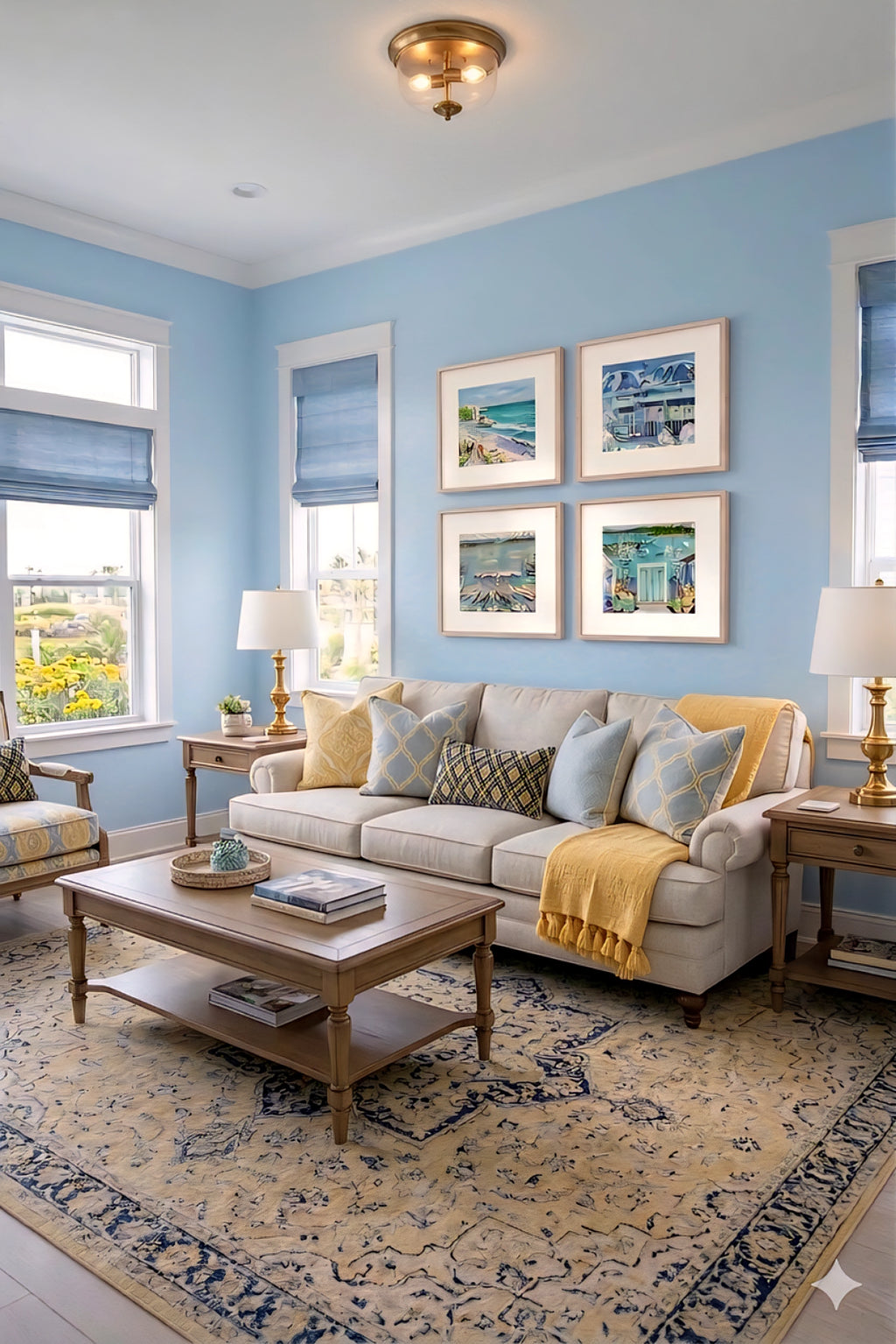 Coastal wall art bundle of 4 digital downloads displayed above a neutral sofa in a bright blue living room, featuring lighthouse, harbor boats, and seaside cottages in soft blue and yellow tones, styled with layered pillows and wood furniture for inviting coastal decorinspo living room design