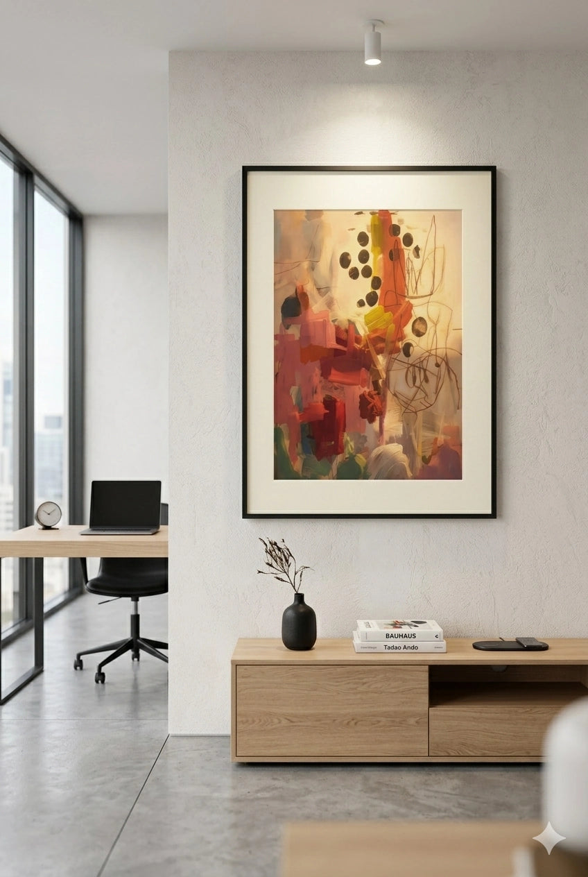Savvy Places abstract modern wall art with warm coral and neutral tones styled in a minimalist living space above a wood console.