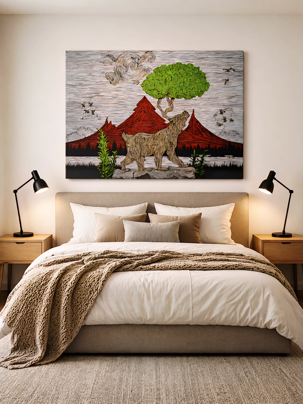Bedroom with a bed, nightstands, and a wall painting of a bear and mountains.