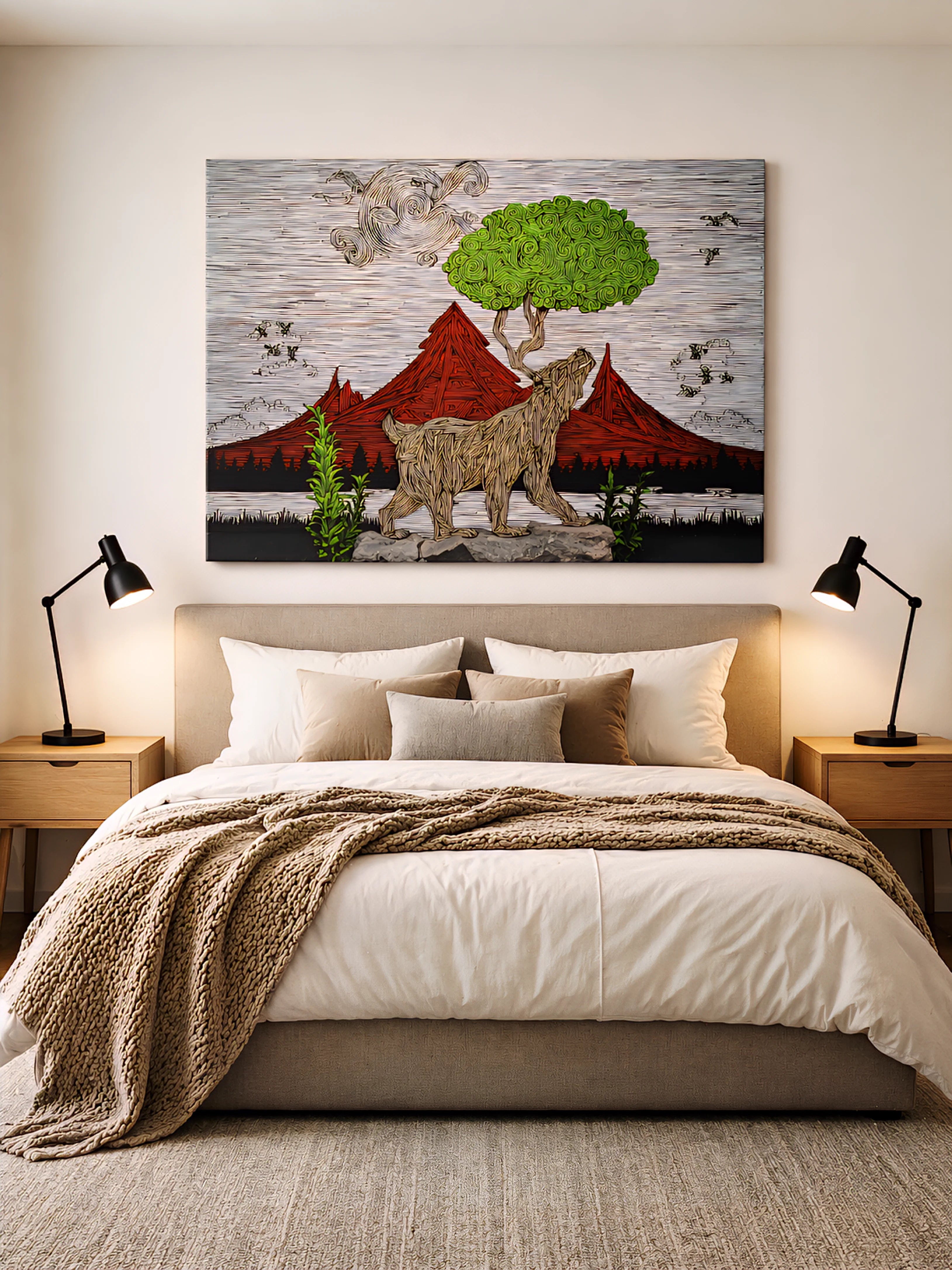 Bedroom with a bed, nightstands, and a wall painting of a bear and mountains.