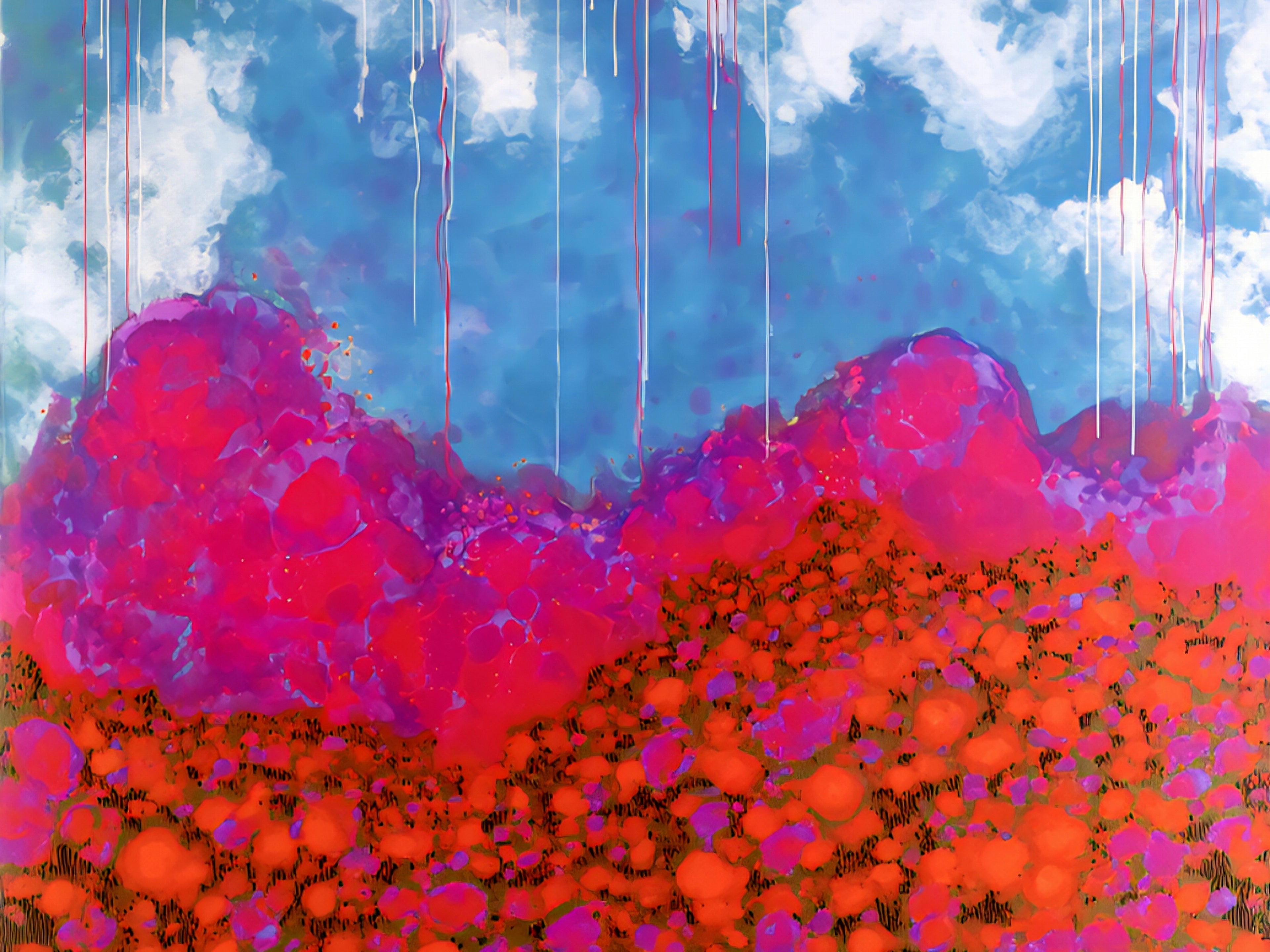 Colorful horizintal abstract landscape with textured pink and orange field beneath a soft blue sky with clouds and dripping paint details, modern printable wall art digital download