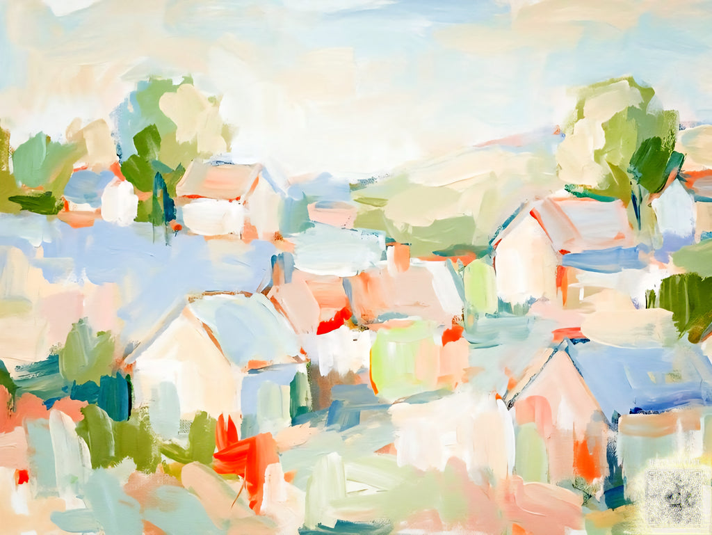 Abstract coastal village painting in soft pastel tones with loosely painted homes and greenery, modern impressionist landscape artwork digital download in horizontal format for large wall art printing.