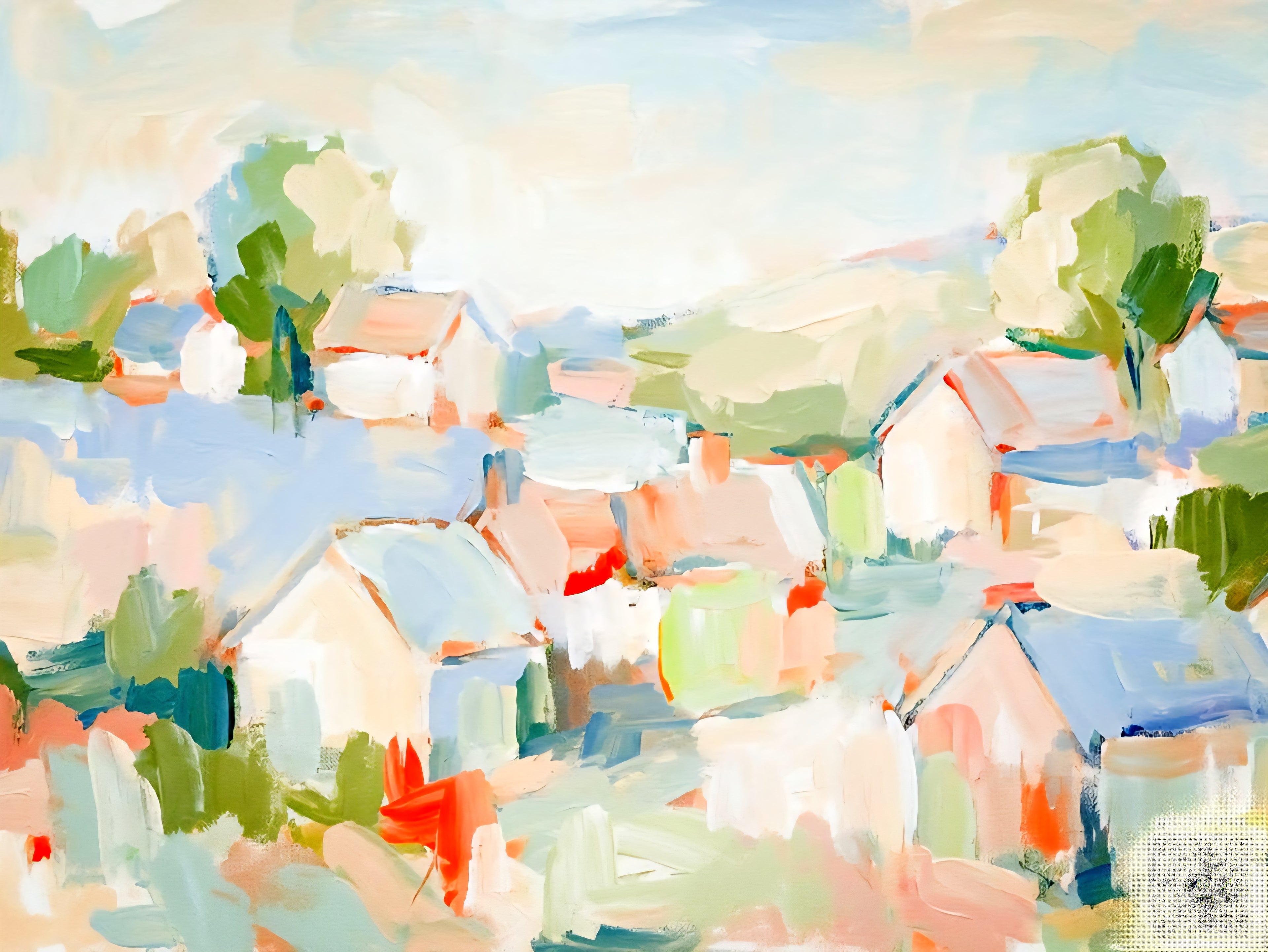 Abstract coastal village painting in soft pastel tones with loosely painted homes and greenery, modern impressionist landscape artwork digital download in horizontal format for large wall art printing.