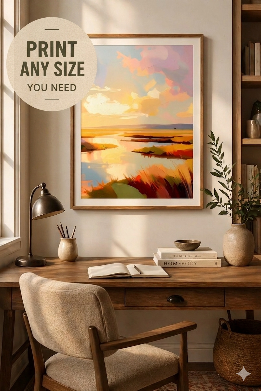 Savvy Places framed low country marsh wall art in cozy home office with wooden desk, warm neutral decor, and print any size styling display