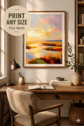 Savvy Places framed low country marsh wall art in cozy home office with wooden desk, warm neutral decor, and print any size styling display