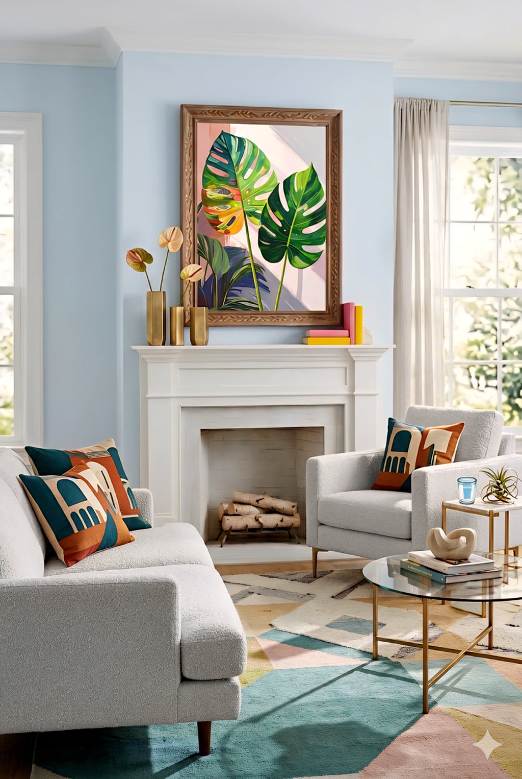 Bold contemporary botanical wall art displayed above a fireplace in a colorful modern living room with geometric pillows and light blue walls