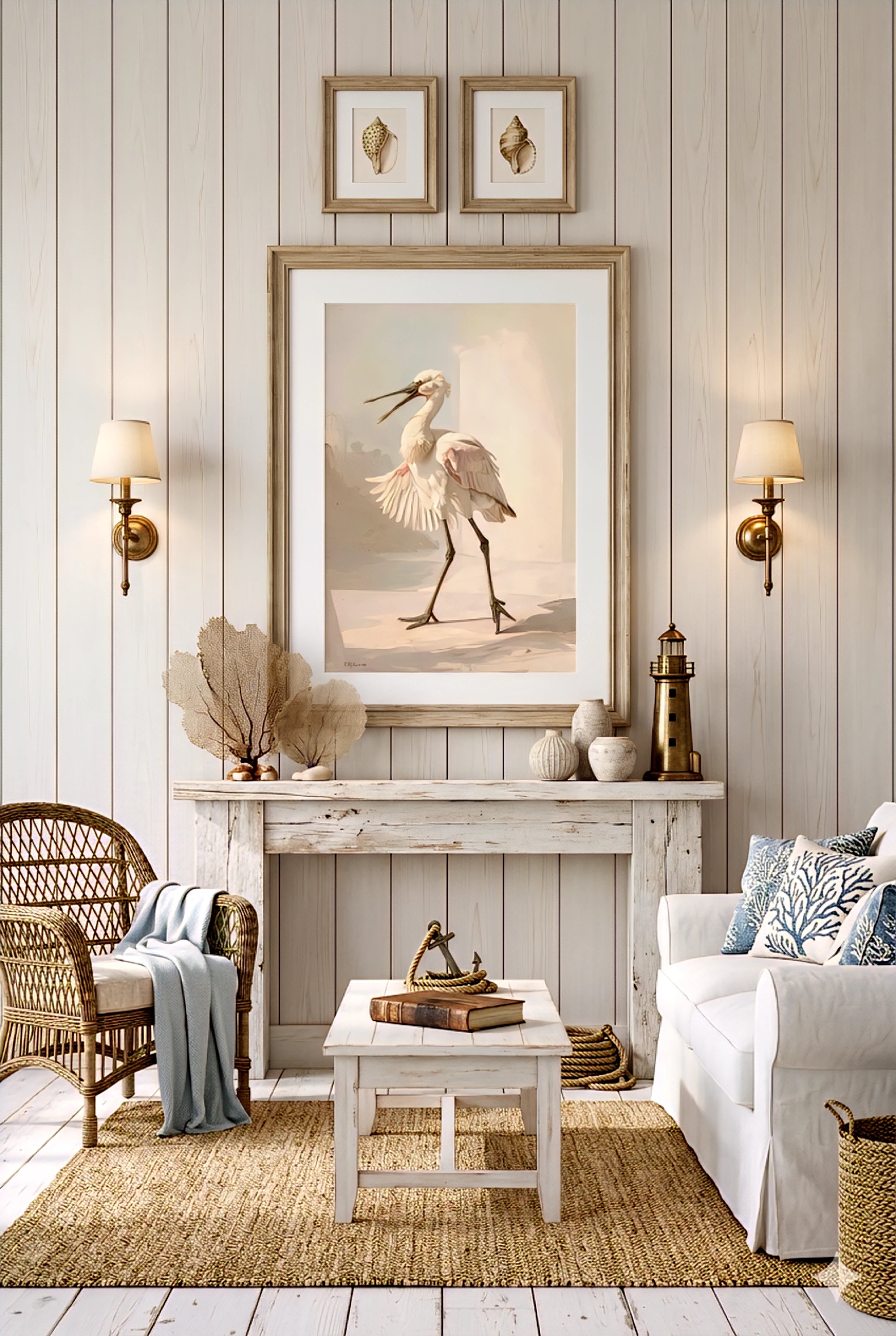 Soft neutral spoonbill digital art in coastal living room 