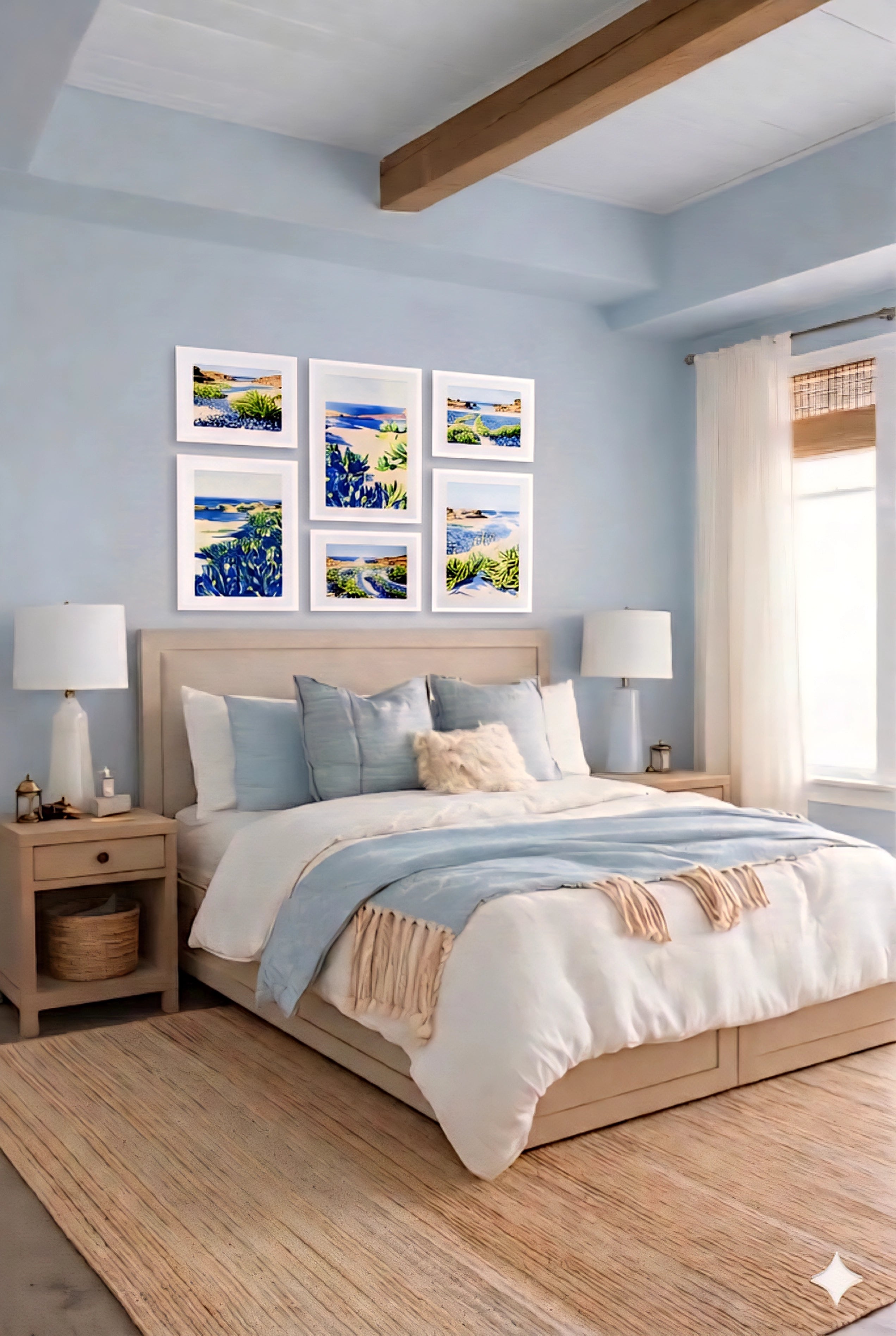 Coastal gallery wall printable art bundle with blue seascape prints in white frames styled above bed creating a calm modern bedroom decor layout