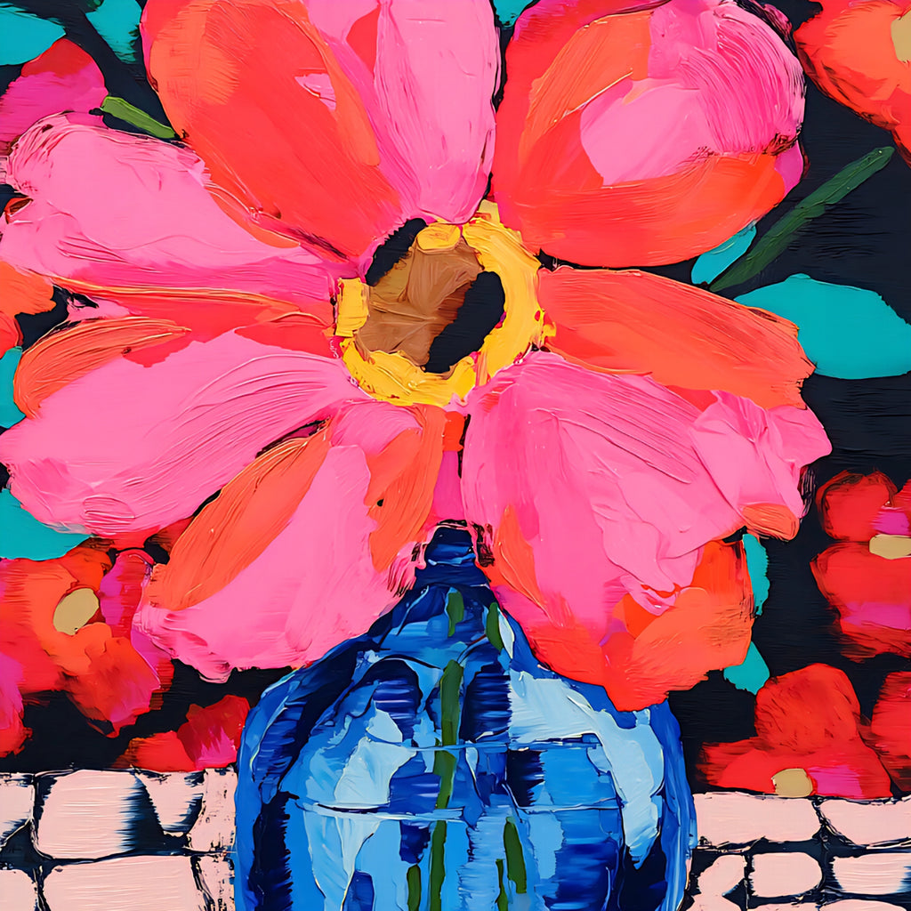 Colorful abstract painting of a flower with pink petals and a blue vase.