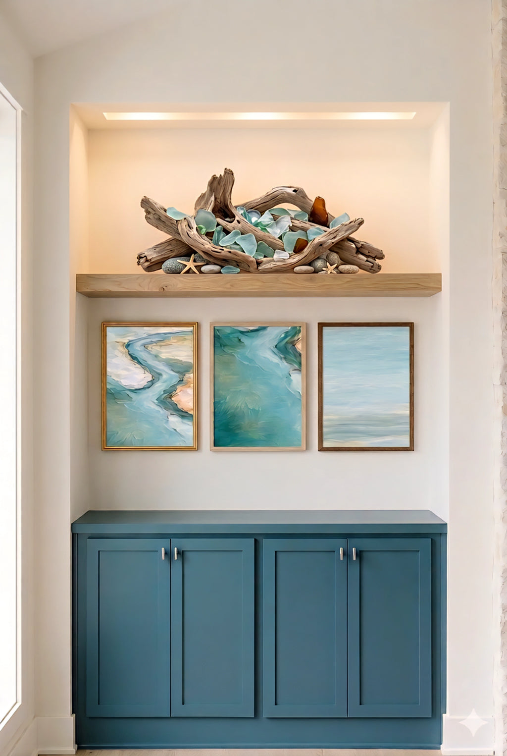 Coastal niche with three framed ocean prints above blue cabinet, driftwood decor and beach inspired styling