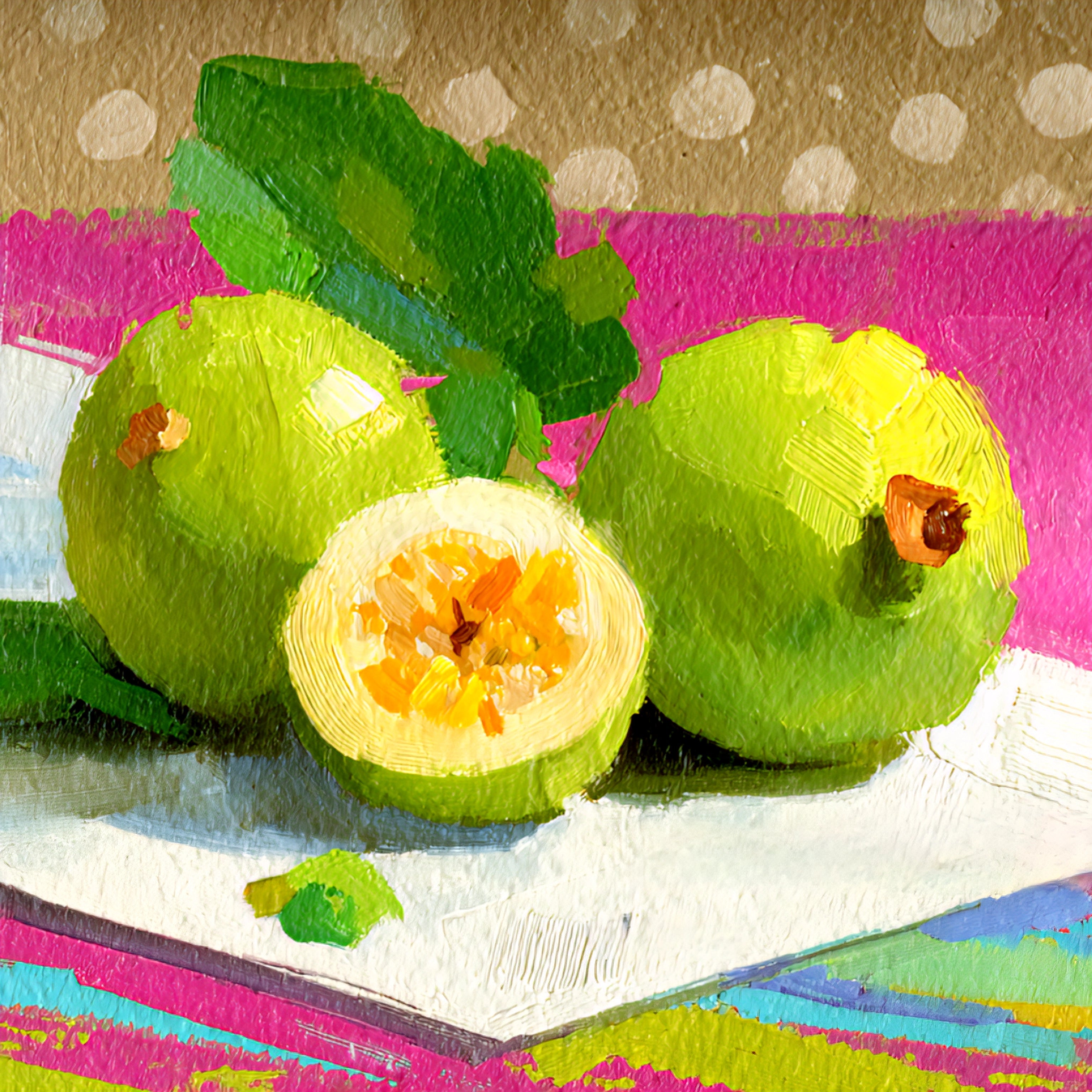 Colorful square painting of green guava fruits on a textured surface with polka dot background.