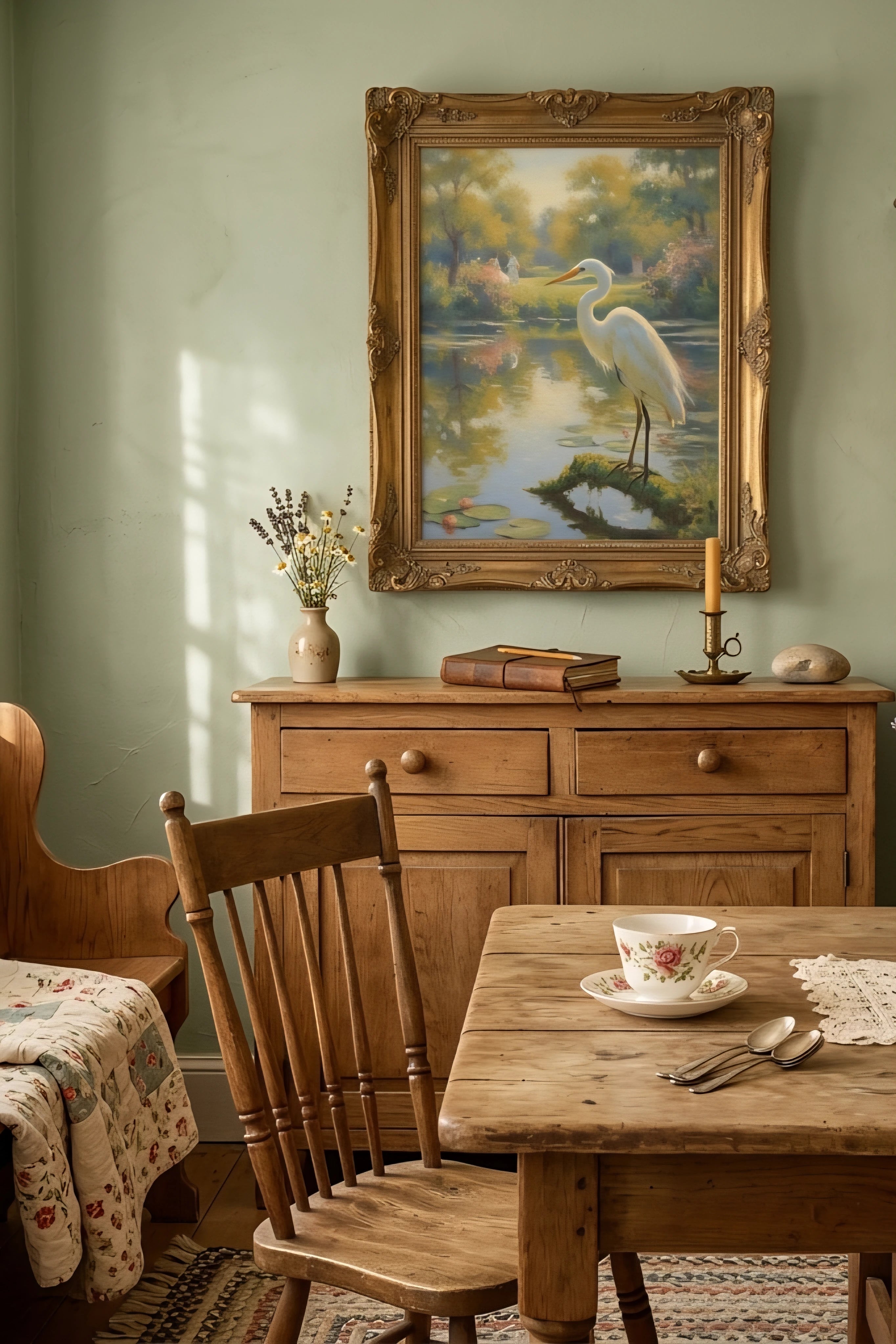 Vintage egret painting wall art printable displayed above a wooden cabinet in a cozy cottage style kitchen with rustic decor and soft natural light.