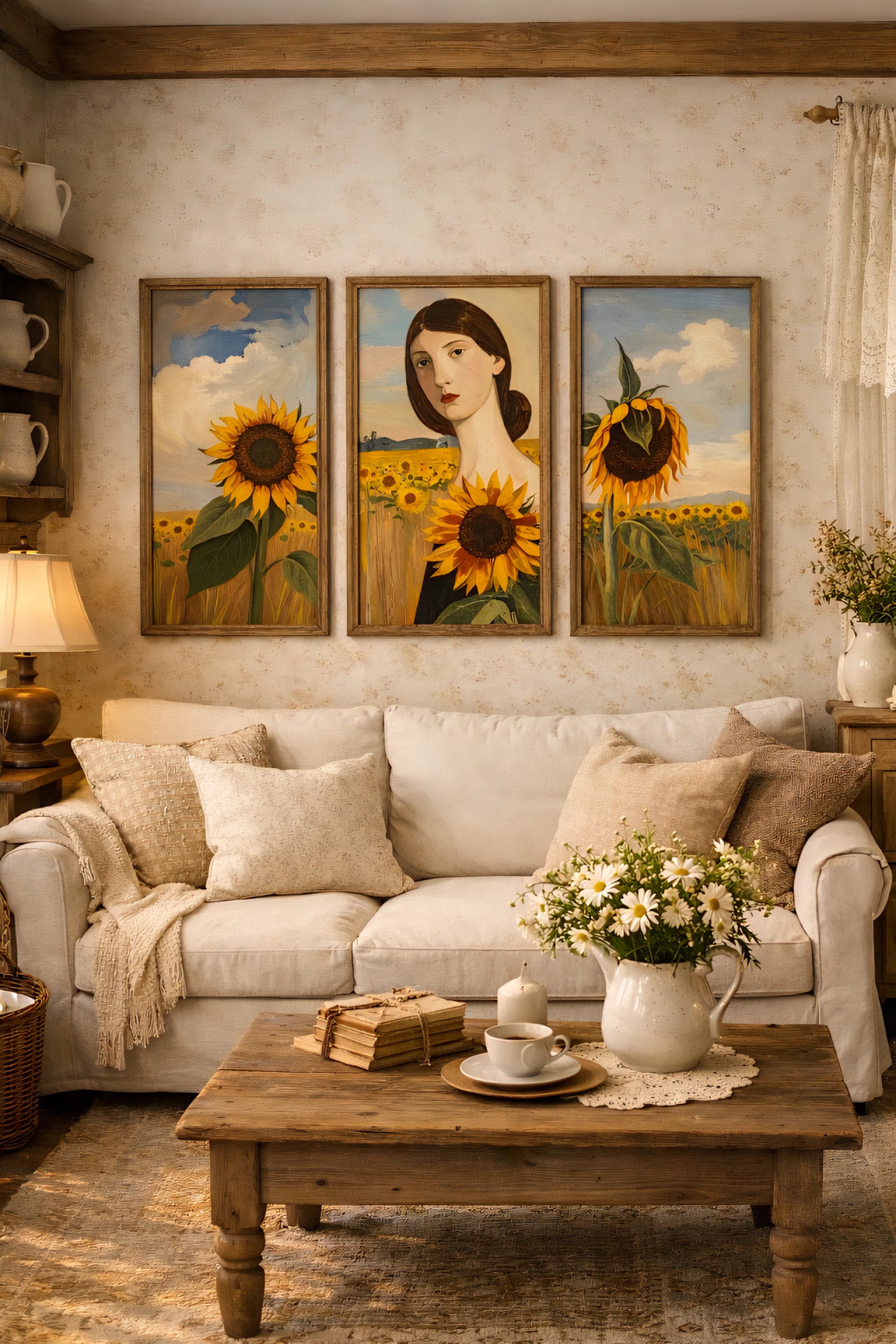 Set of three sunflower wall art prints, a vintage sunflower field portrait digital download bundle displayed above a sofa in a cozy cottagecore living room.