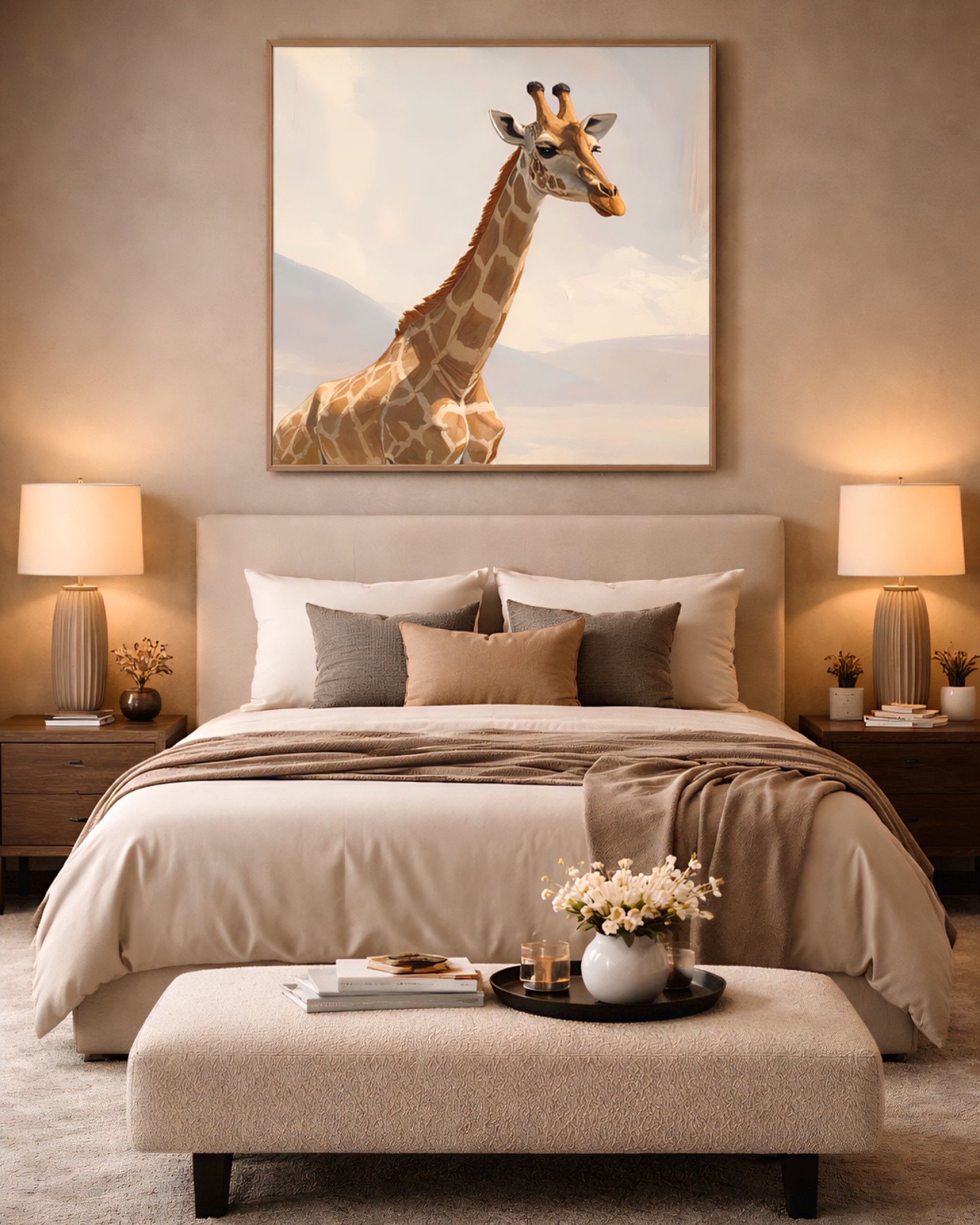 Neutral giraffe wall art printable displayed in modern minimalist bedroom, safari animal digital download wall decor.