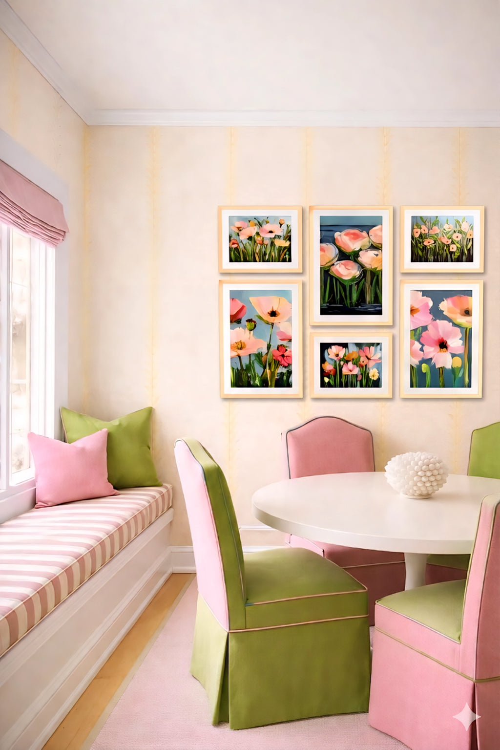 floral gallery wall art set of 6 printable flower prints in light wood frames styled in bright breakfast nook with pink and green seating and soft feminine decor