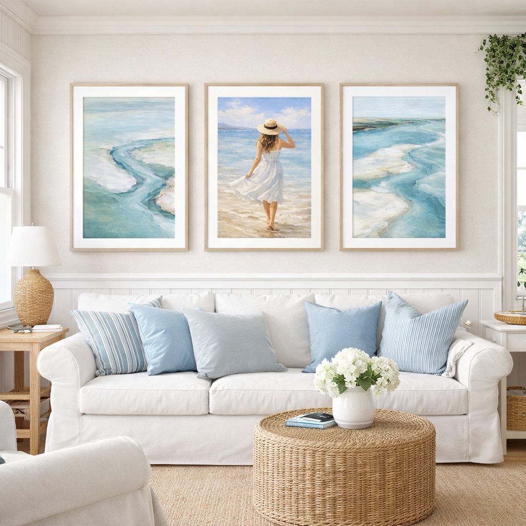 Coastal wall art set of 3 prints styled above console table, ocean abstract artwork and beach scene decorinspo for neutral living room or beach house interior