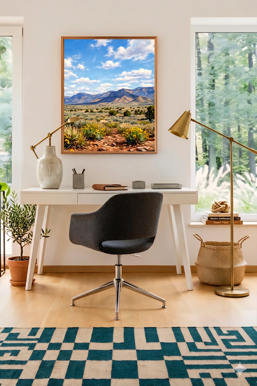 Desert mountain landscape wall art above modern desk, southwest printable artwork with blue sky and wildflowers in bright home office decorinspo