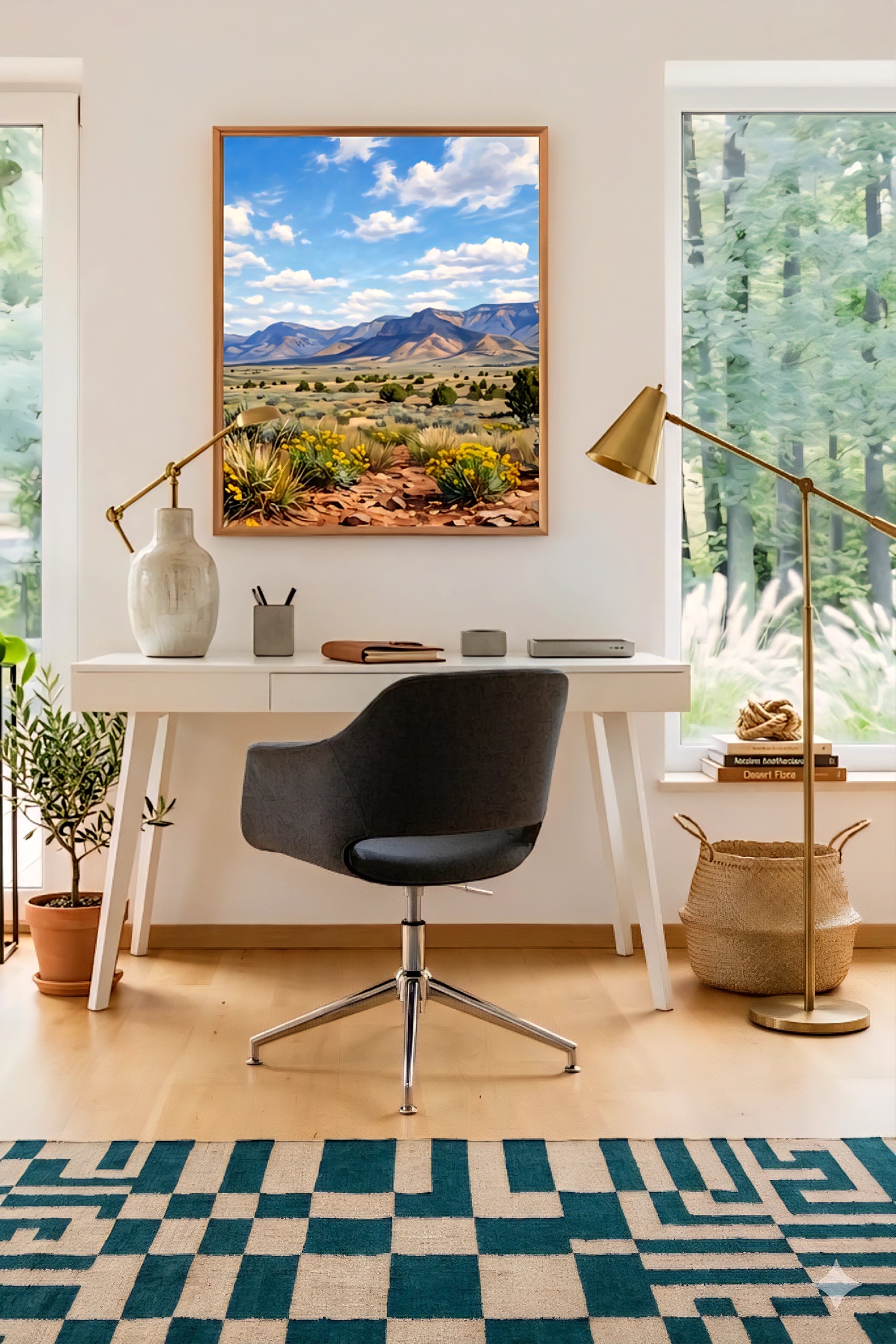 Desert mountain landscape wall art above modern desk, southwest printable artwork with blue sky and wildflowers in bright home office decorinspo