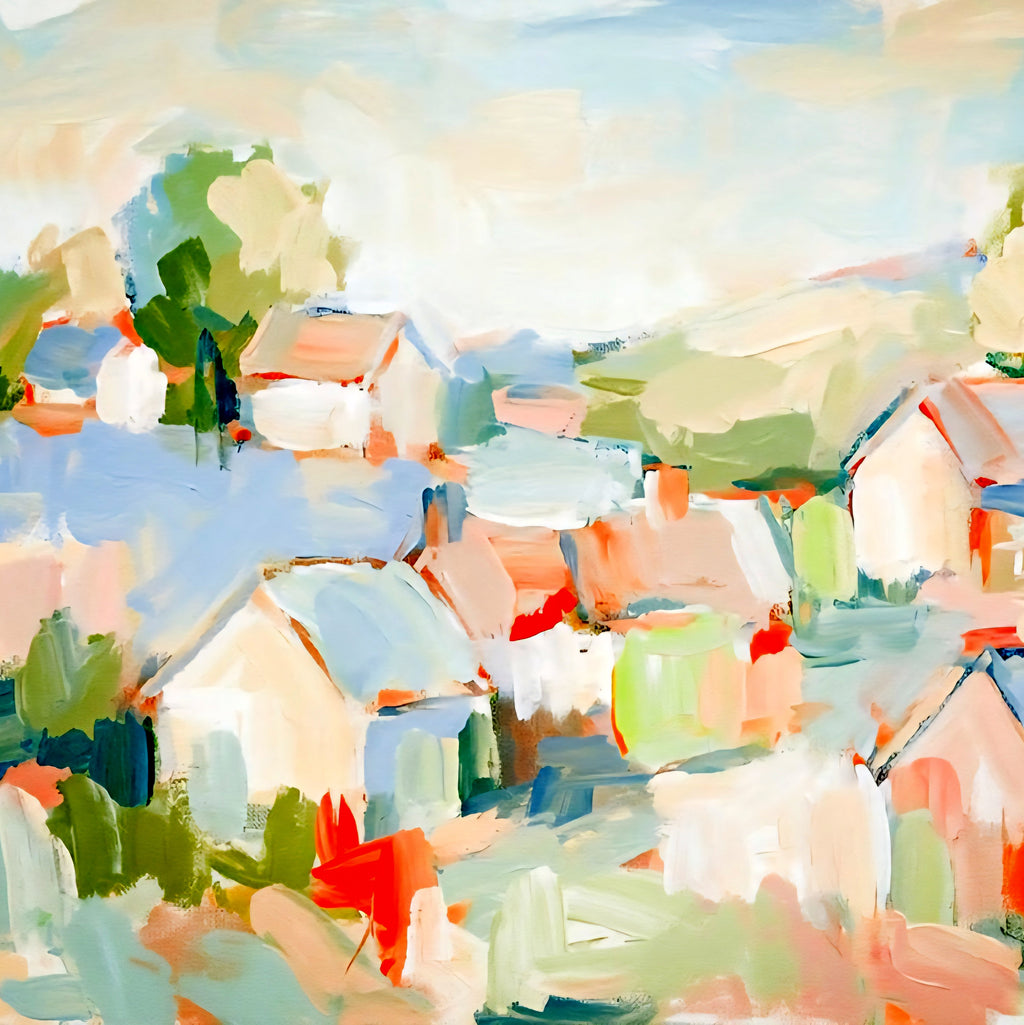 Abstract coastal village painting in soft pastel tones with loosely painted homes and greenery, modern impressionist landscape artwork digital download in square format for large wall art printing.