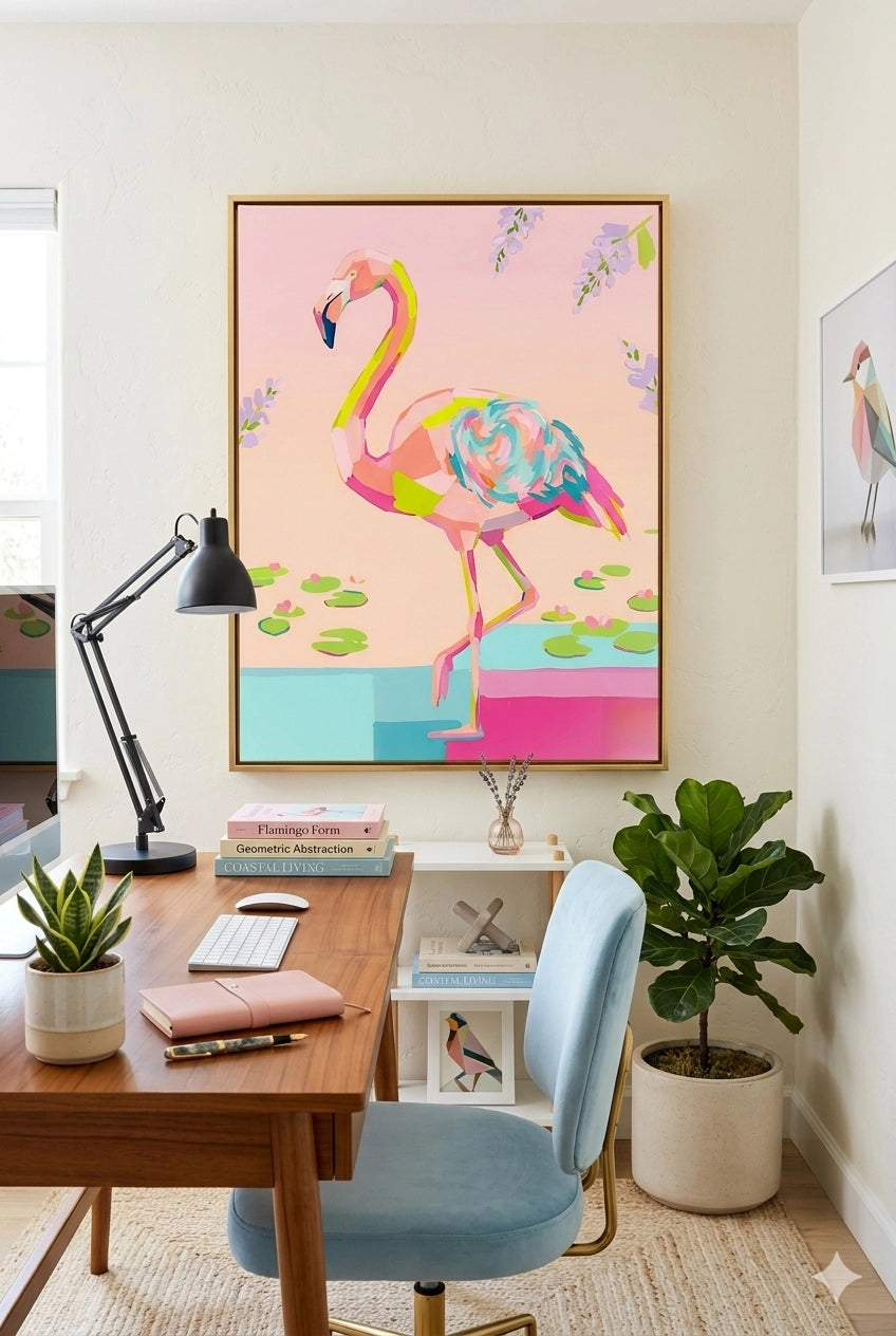 Digital download coastal flamingo wall art in home office, oversized pastel tropical bird print in modern workspace