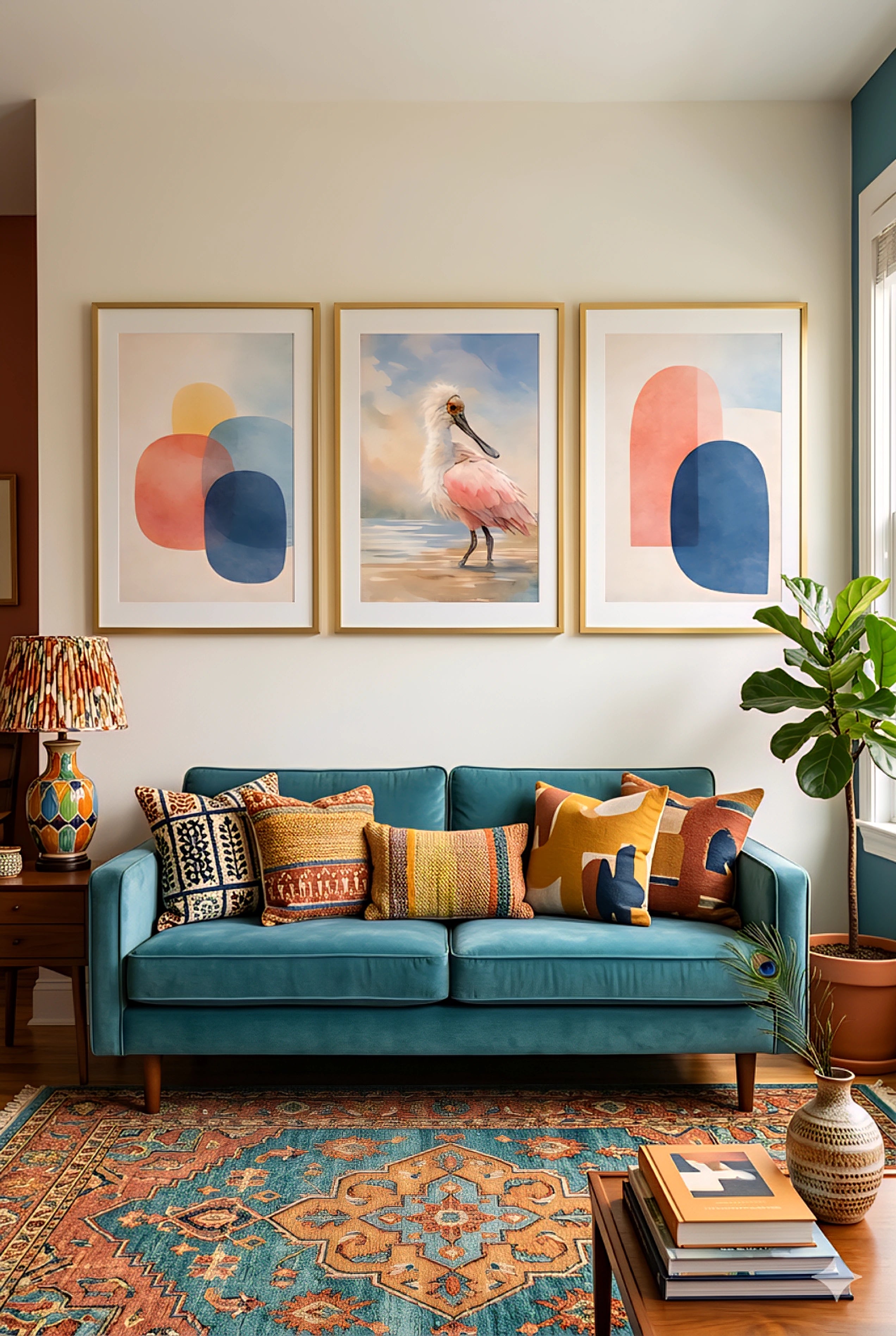 Set of three printable wall art prints above teal sofa featuring abstract shapes and pink spoonbill bird in colorful modern living room decor
