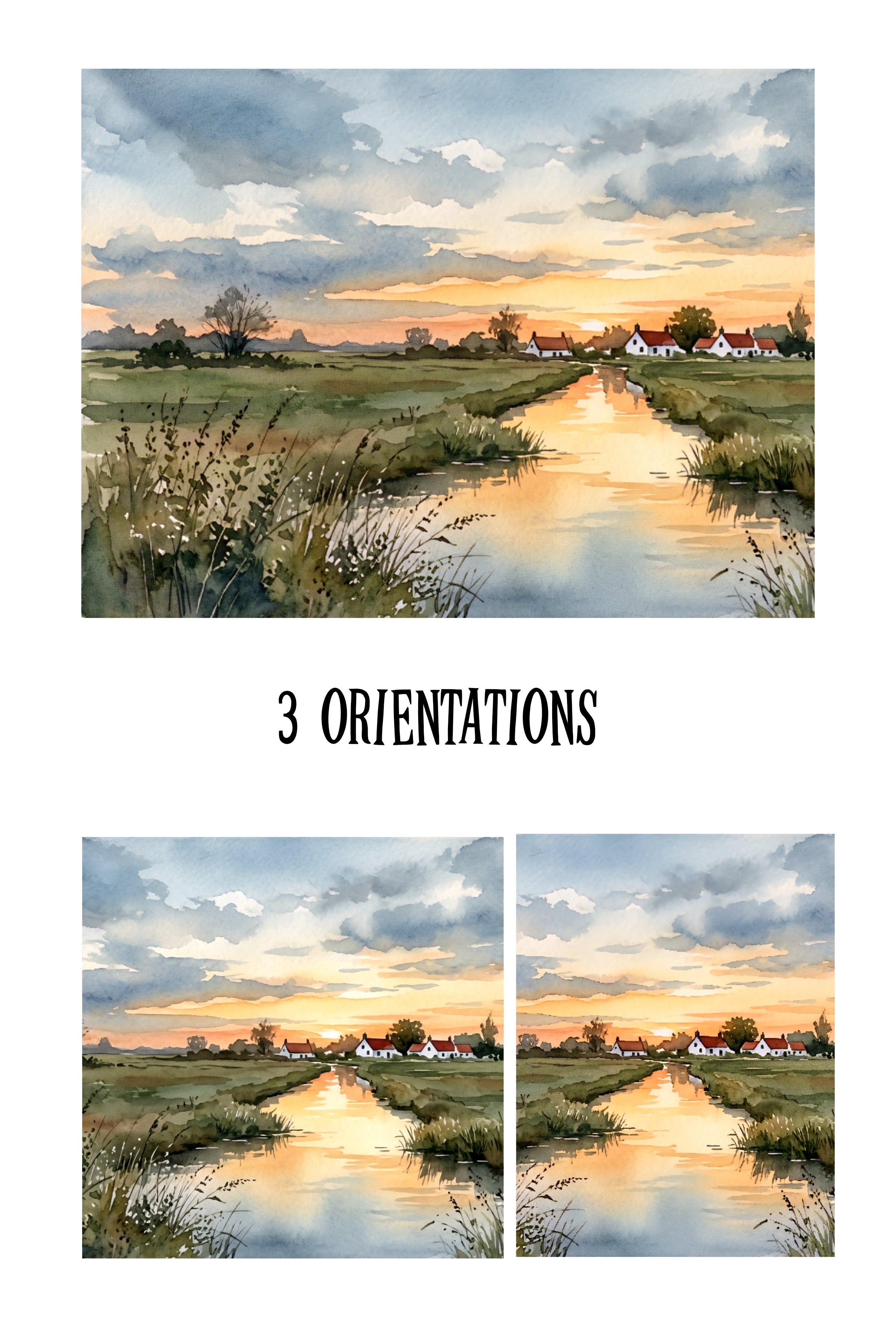 Three orientations of a sunset over a landscape with a river.