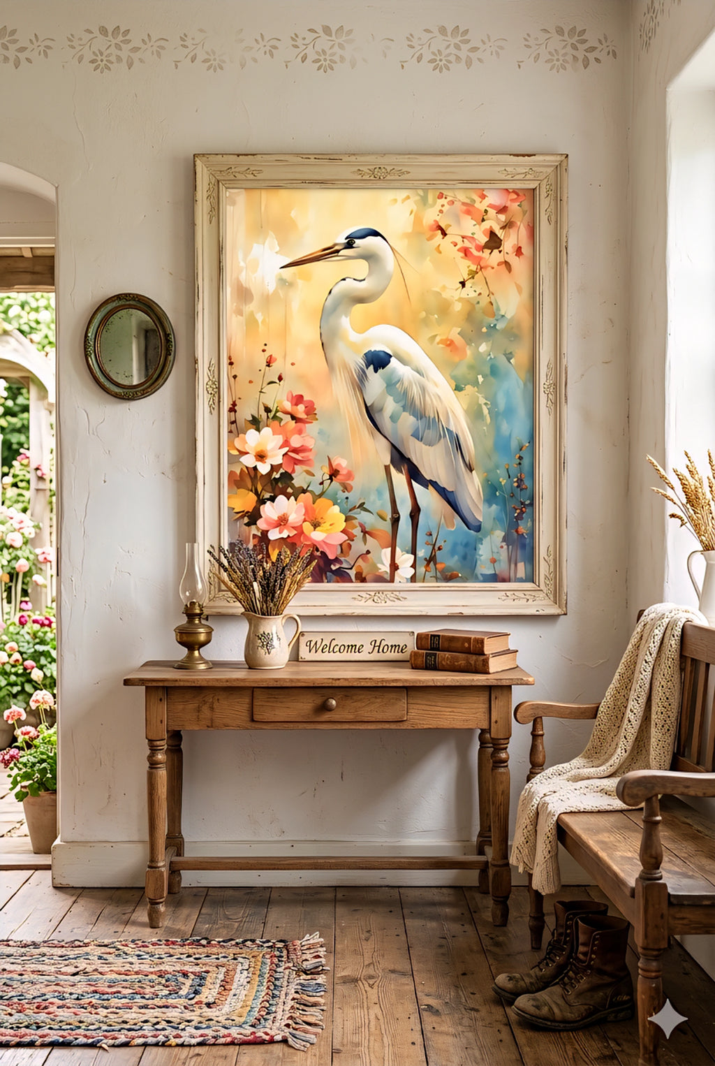 Great blue heron floral wall art print styled in a vintage cottage entryway with rustic wood table, bench seating, and soft neutral decor, featuring a colorful watercolor bird surrounded by flowers, perfect oversized statement art for farmhouse, cottagecore, and traditional home decor, digital download printable art in multiple ratios for easy styling and large wall impact