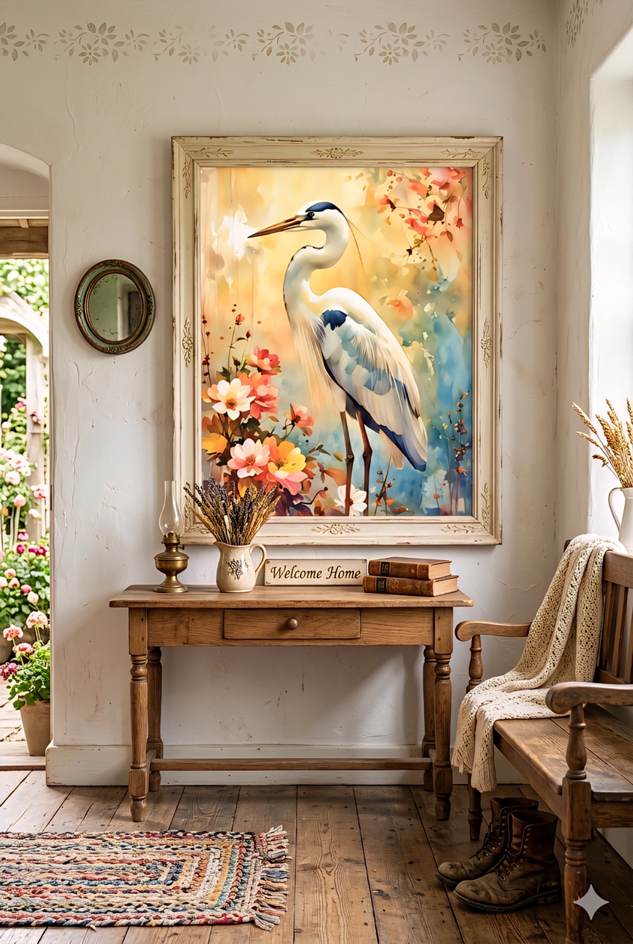 Great blue heron floral wall art print styled in a vintage cottage entryway with rustic wood table, bench seating, and soft neutral decor, featuring a colorful watercolor bird surrounded by flowers, perfect oversized statement art for farmhouse, cottagecore, and traditional home decor, digital download printable art in multiple ratios for easy styling and large wall impact