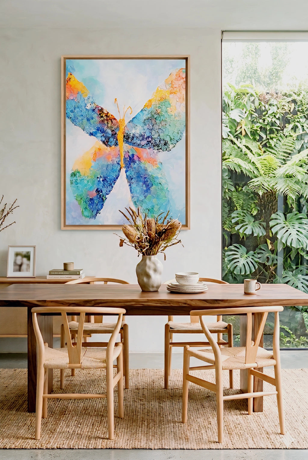 Colorful abstract butterfly wall art framed above modern wood dining table with woven chairs, neutral decor, and large window view, vibrant printable artwork focal point